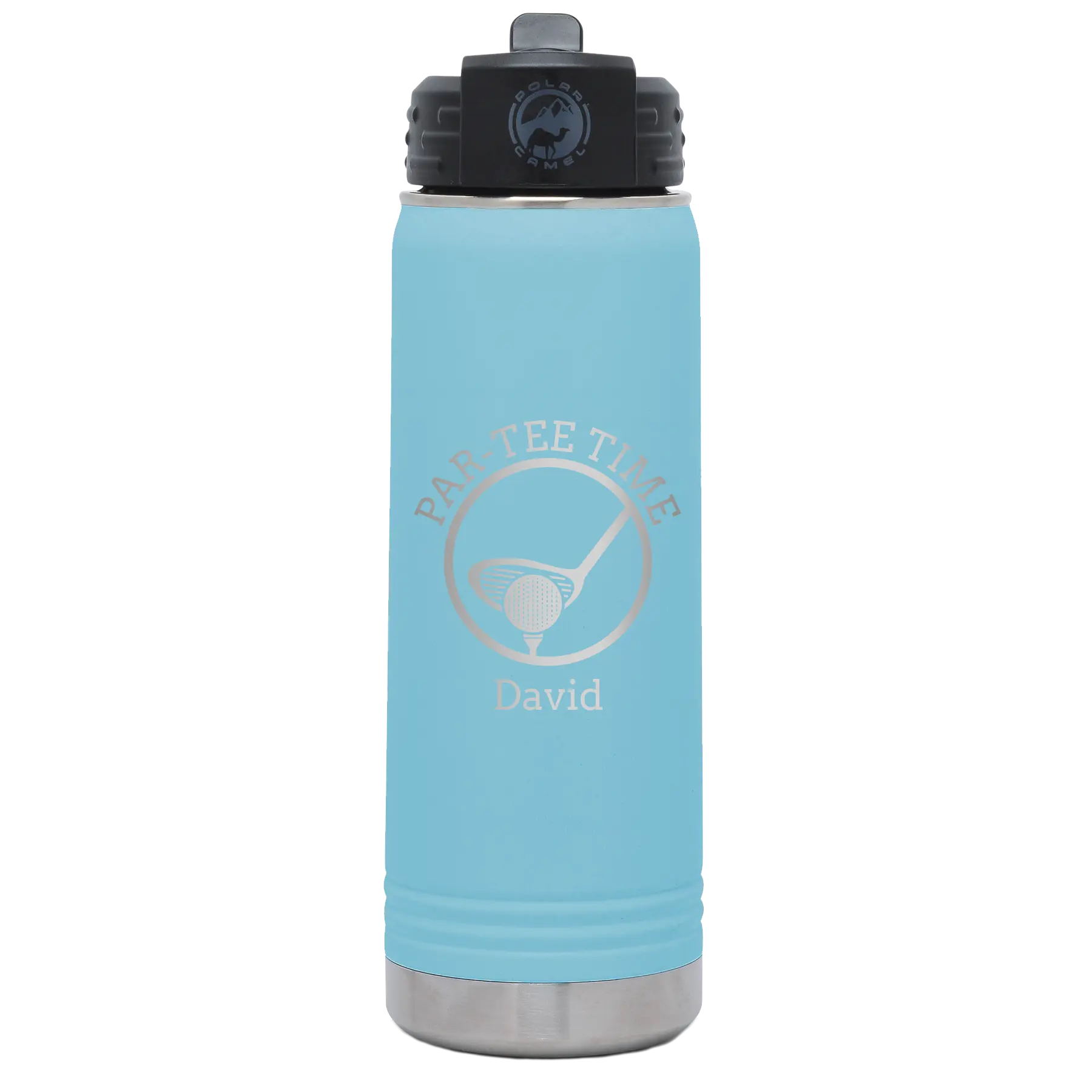 Laser etched light blue 20 oz vacuum insulated water bottle with 'Partee Time' design