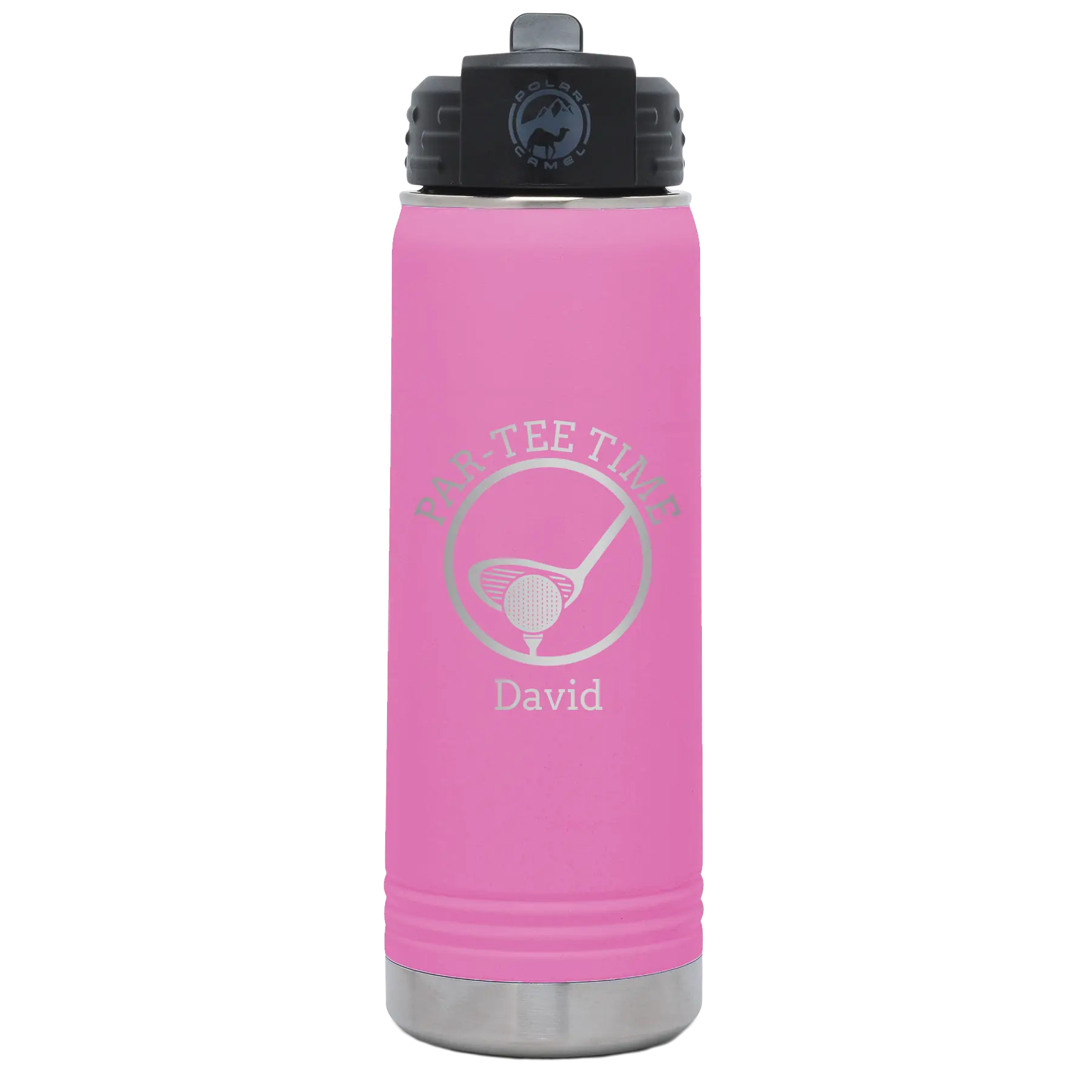 Laser etched light purple 20 oz vacuum insulated water bottle with 'Partee Time' design