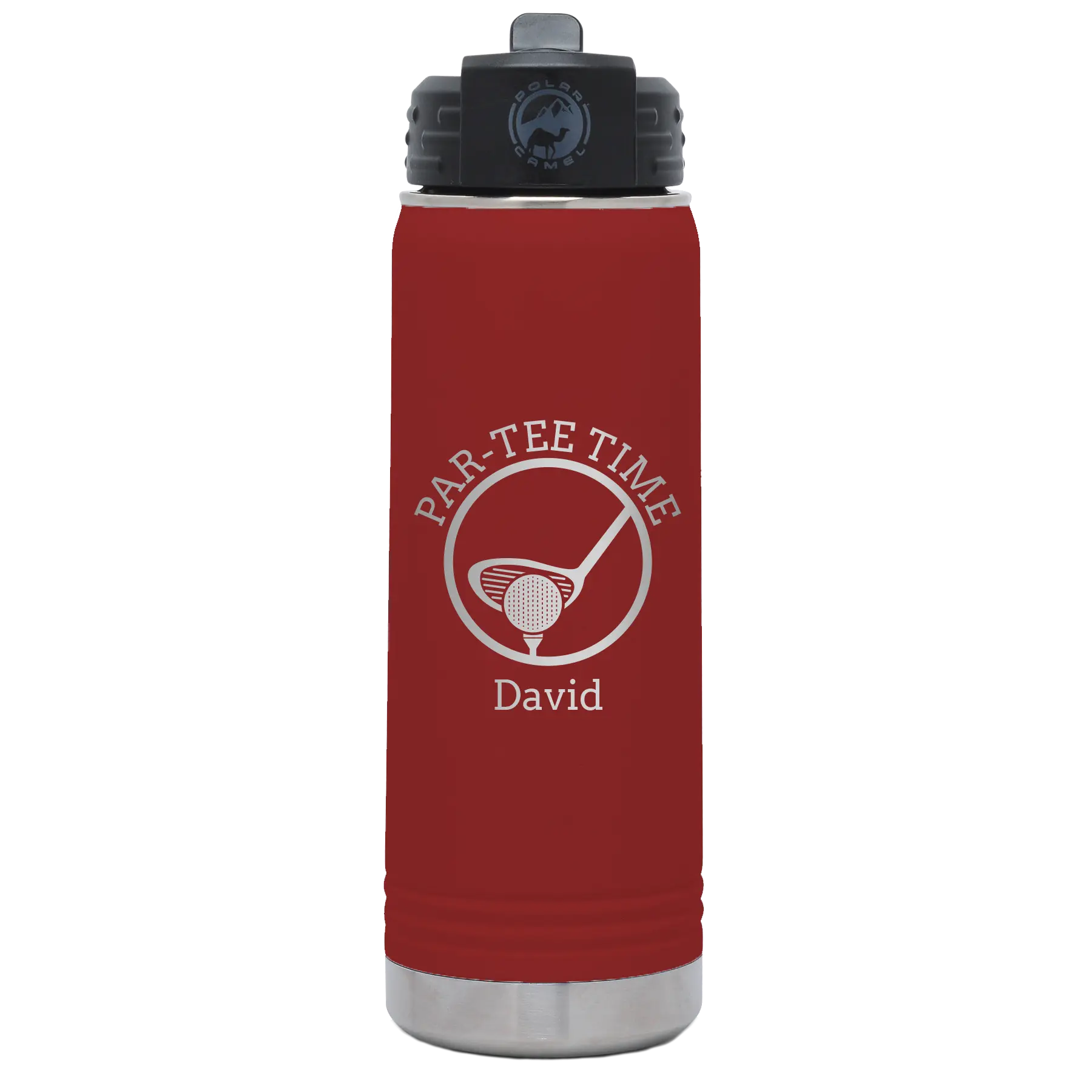 Laser etched maroon 20 oz vacuum insulated water bottle with 'Partee Time' design