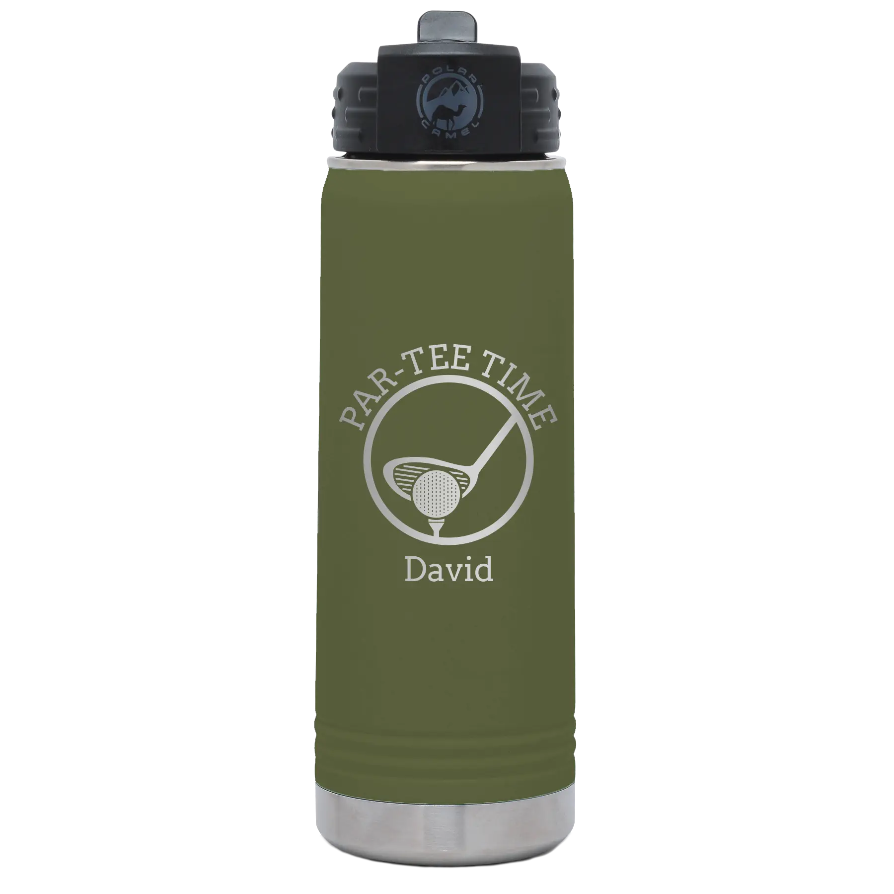 Laser etched olive green 20 oz vacuum insulated water bottle with 'Partee Time' design