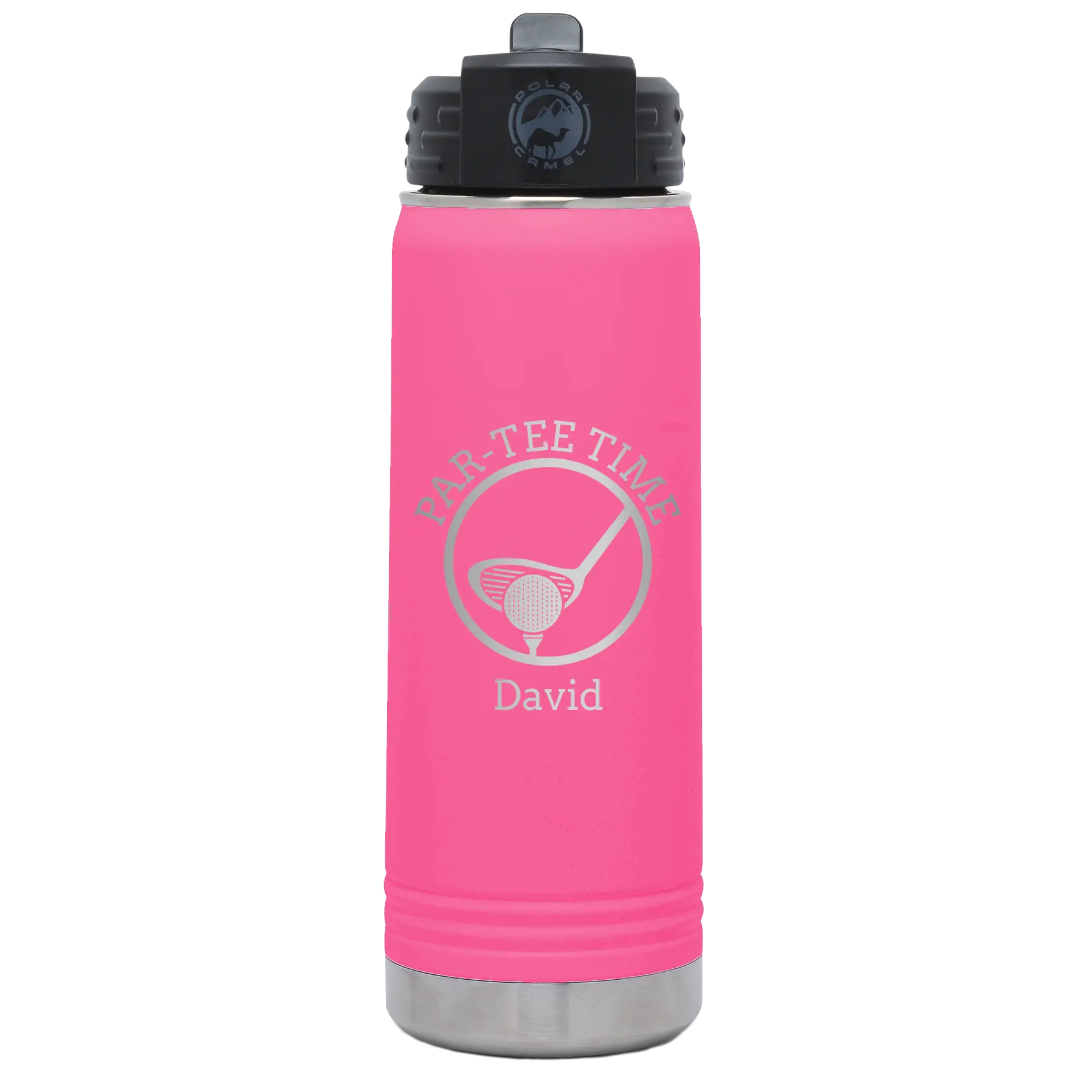 Laser etched pink 20 oz vacuum insulated water bottle with 'Partee Time' design