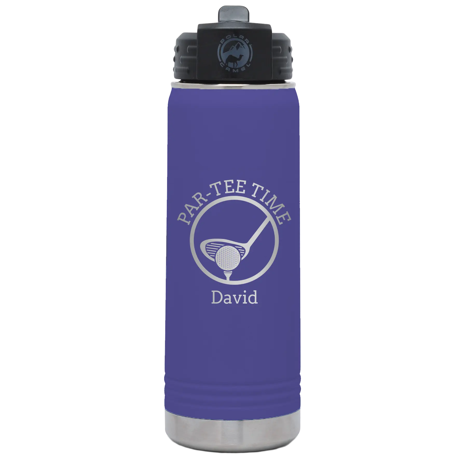 Laser etched purple 20 oz vacuum insulated water bottle with 'Partee Time' design