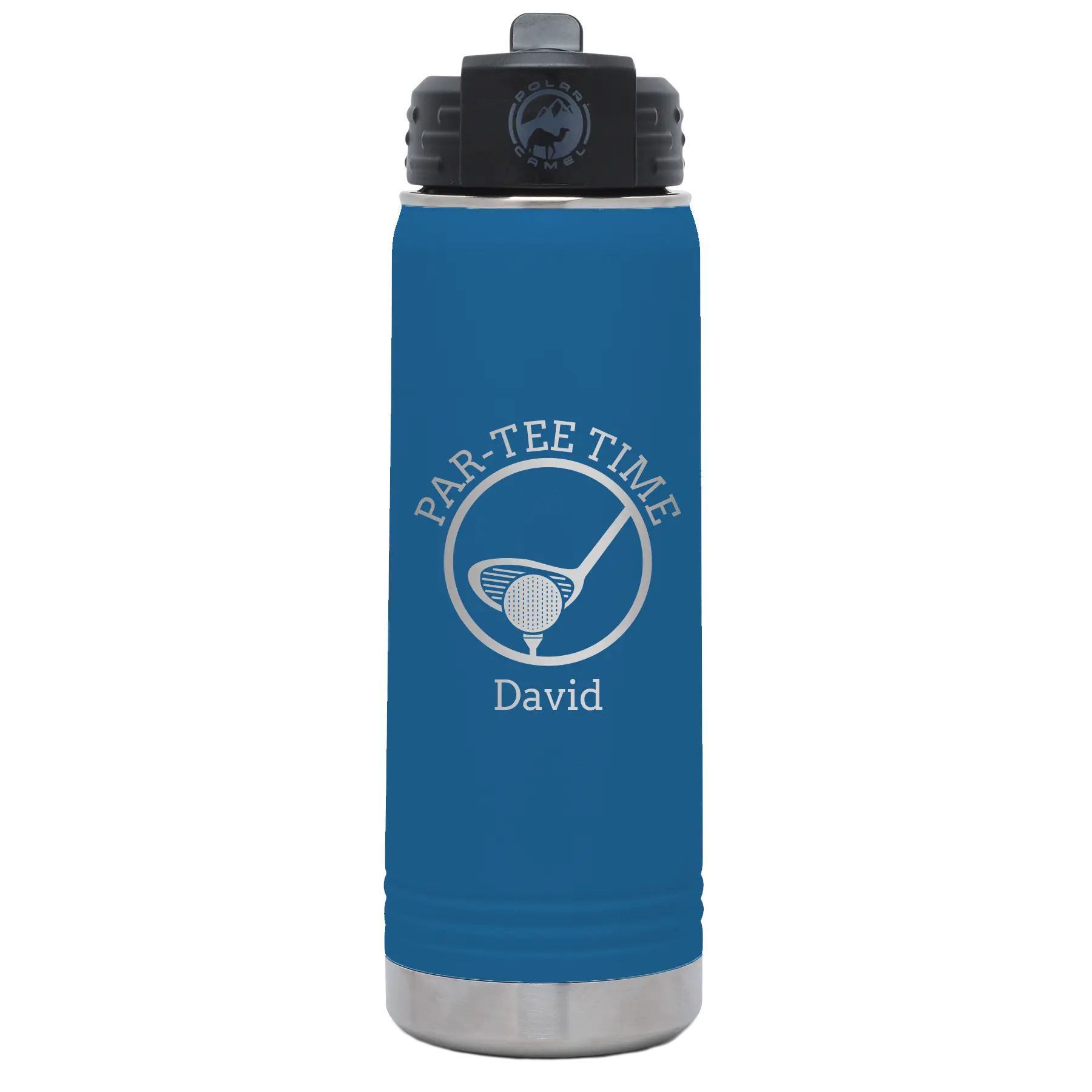 Laser etched royal blue 20 oz vacuum insulated water bottle with 'Partee Time' design