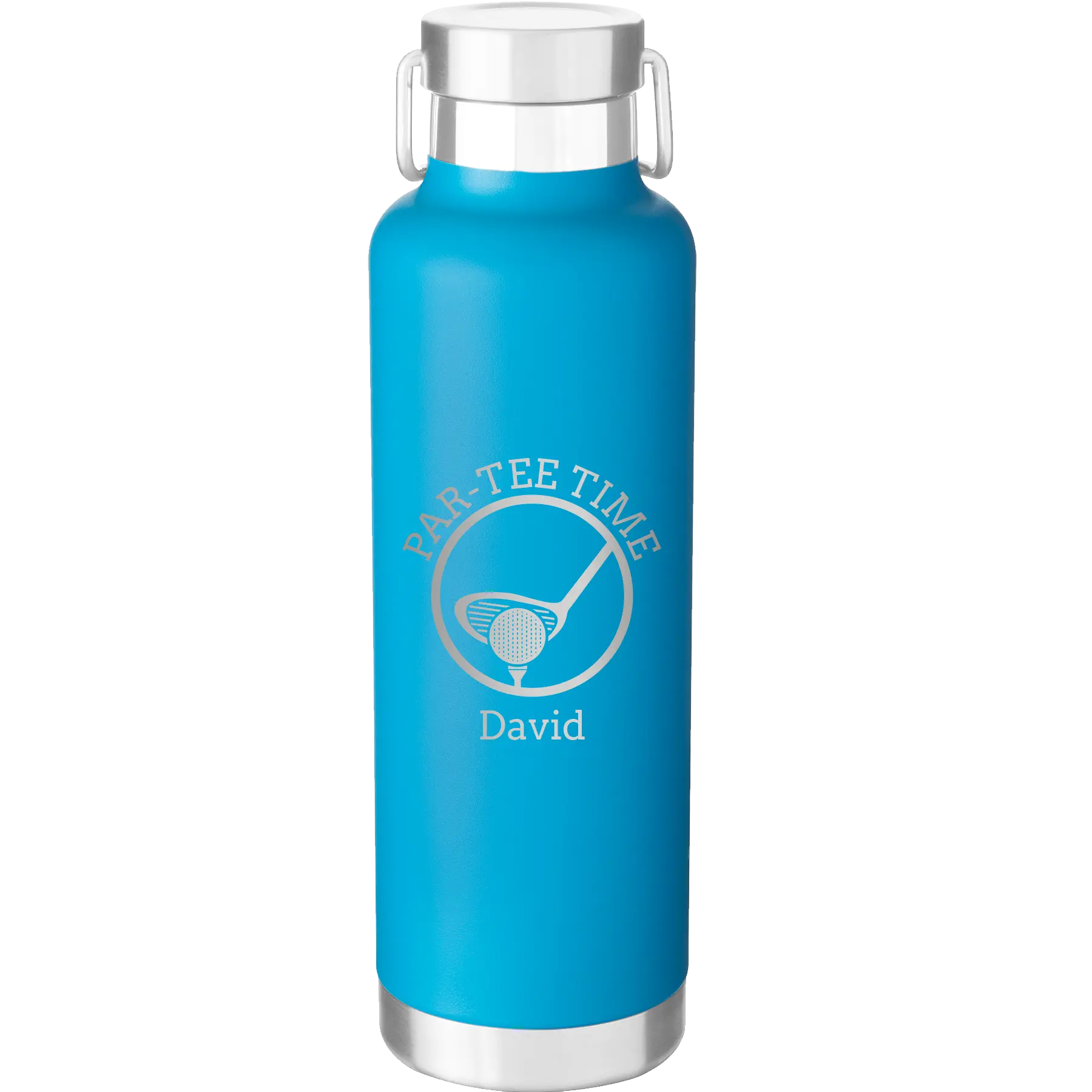 Laser etched aqua 24 oz vacuum insulated water bottle with 'Partee Time' design