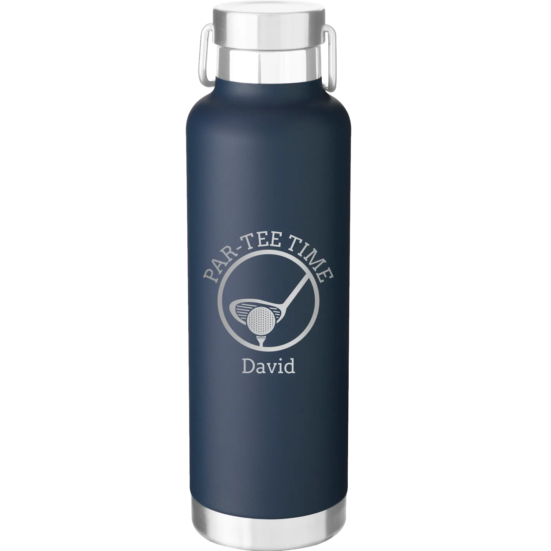 Laser etched navy 24 oz vacuum insulated water bottle with 'Partee Time' design