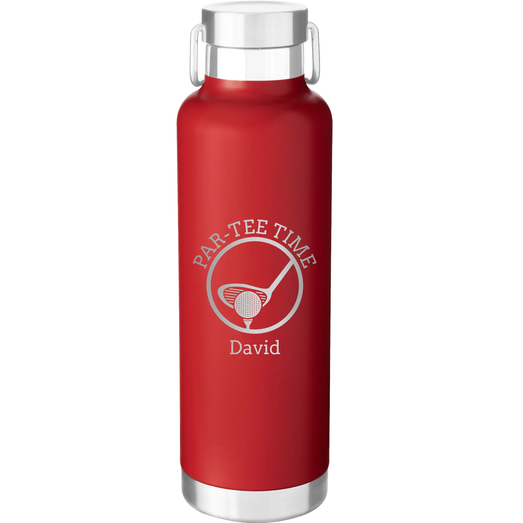 Laser etched red 24 oz vacuum insulated water bottle with 'Partee Time' design