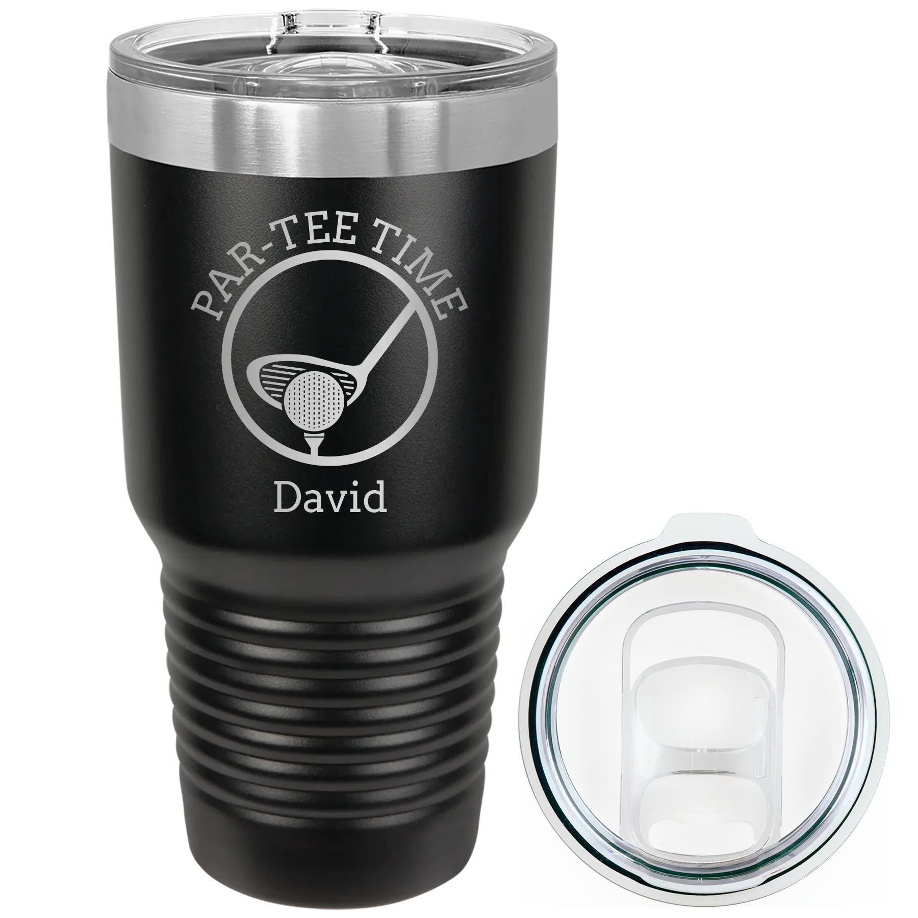 Laser etched black 30 oz vacuum insulated tumbler with 'Partee Time' design