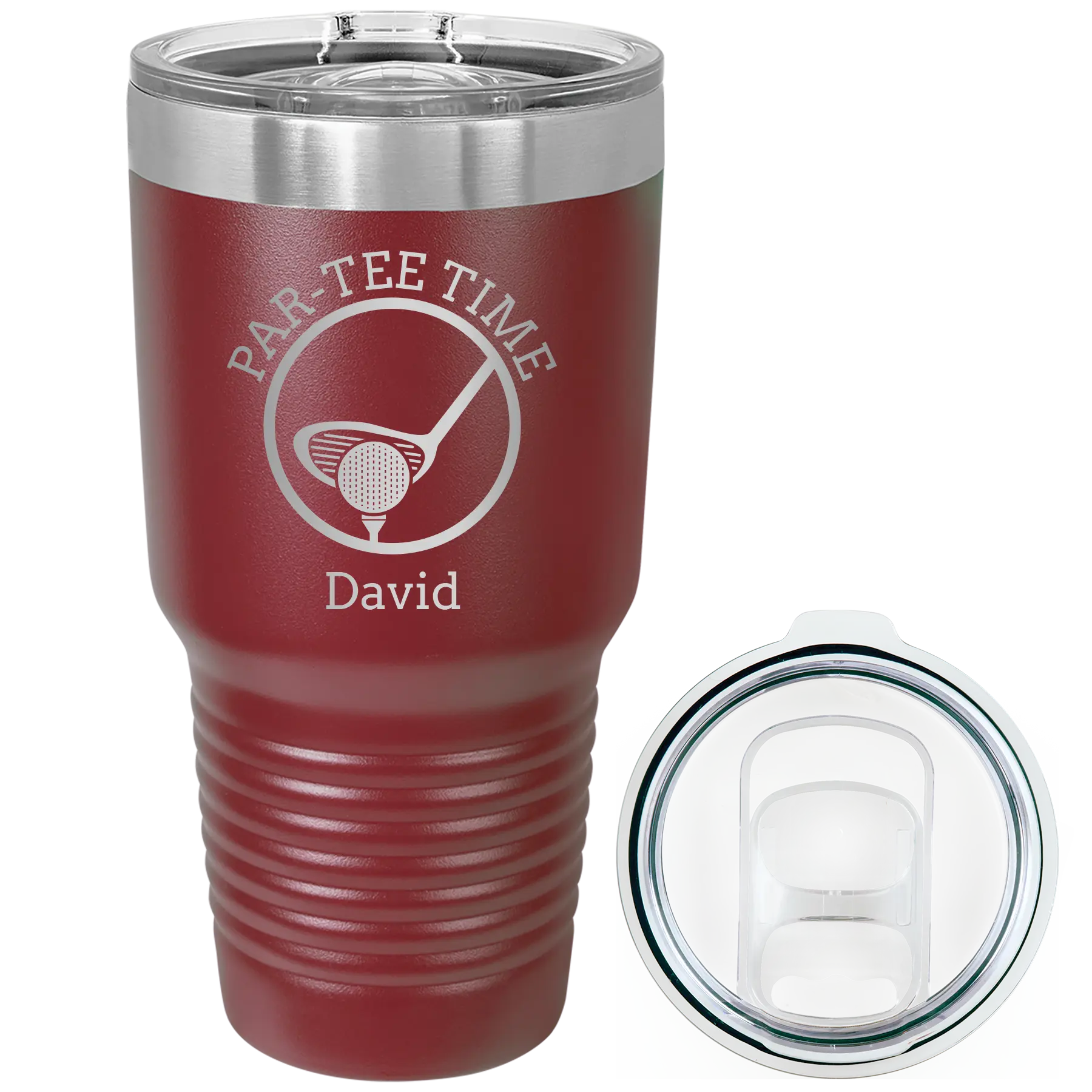 Laser etched maroon 30 oz vacuum insulated tumbler with 'Partee Time' design