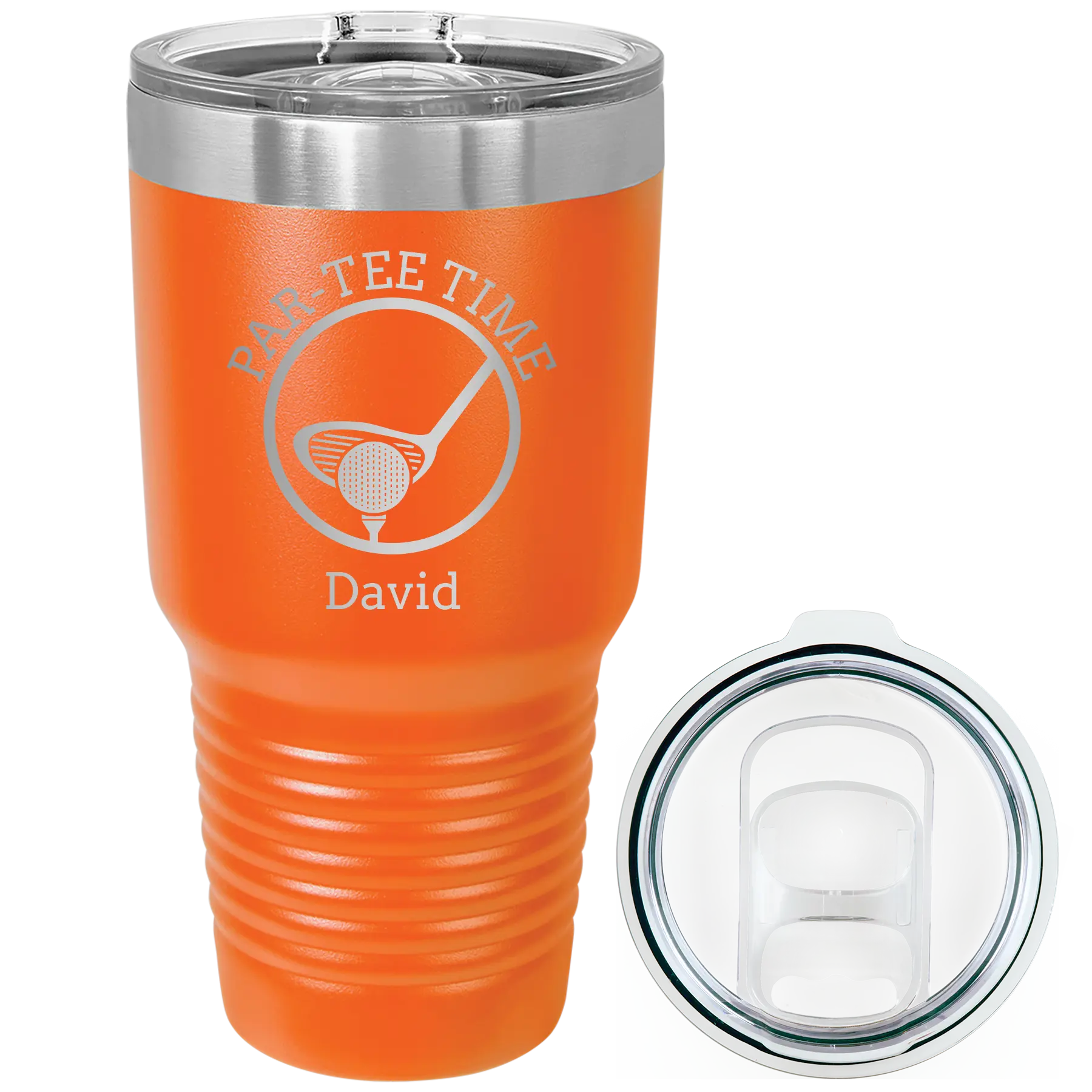 Laser etched orange 30 oz vacuum insulated tumbler with 'Partee Time' design