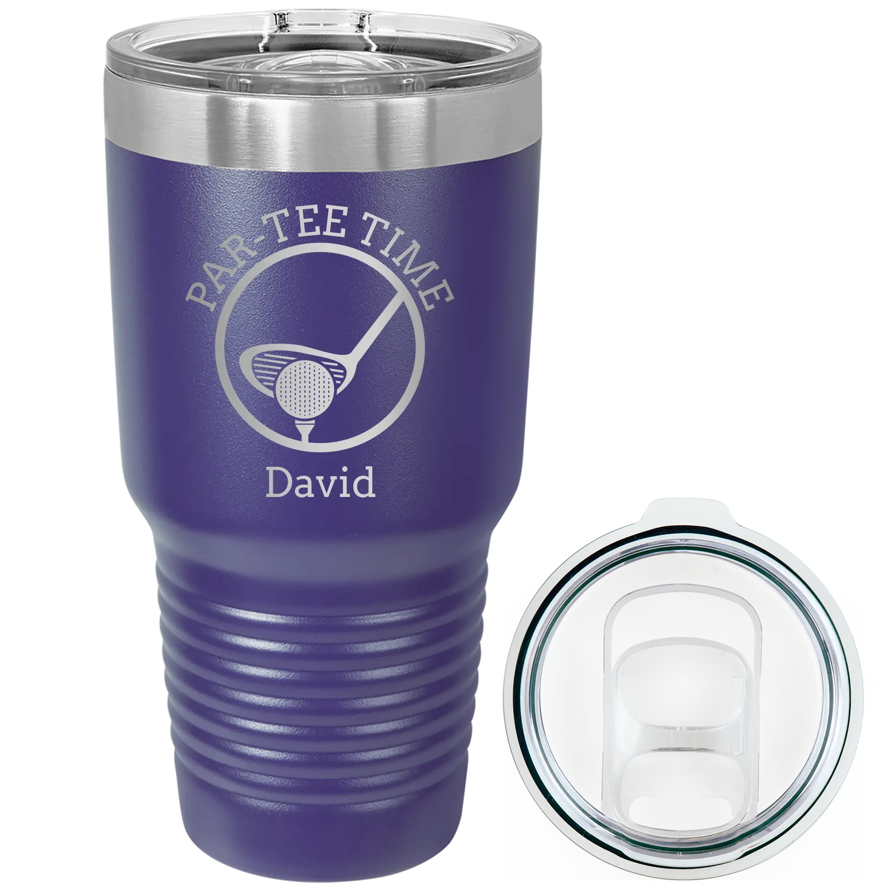 Laser etched purple 30 oz vacuum insulated tumbler with 'Partee Time' design
