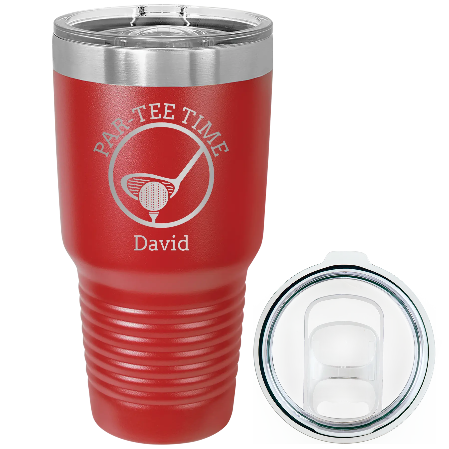 Laser etched red 30 oz vacuum insulated tumbler with 'Partee Time' design