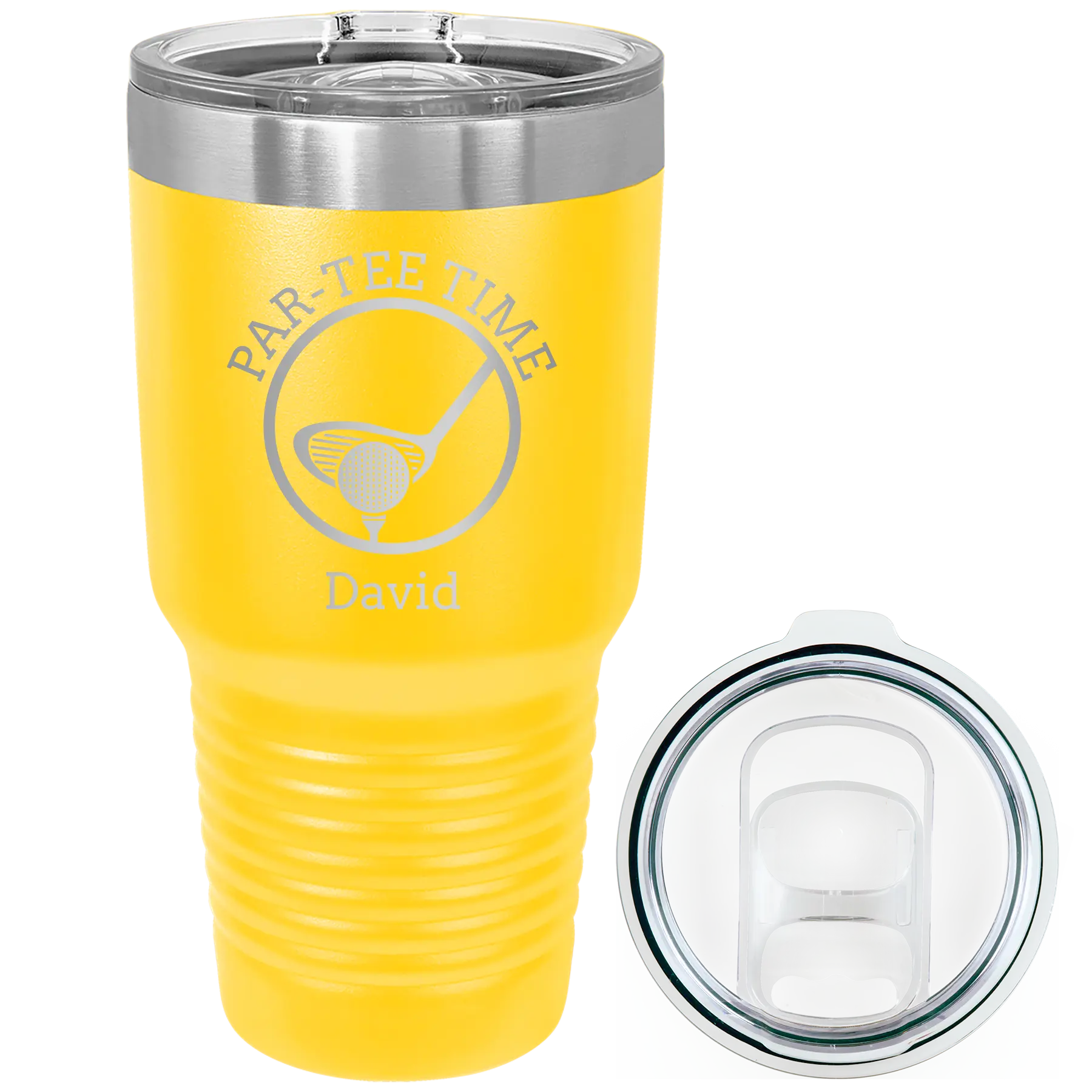 Laser etched yellow 30 oz vacuum insulated tumbler with 'Partee Time' design