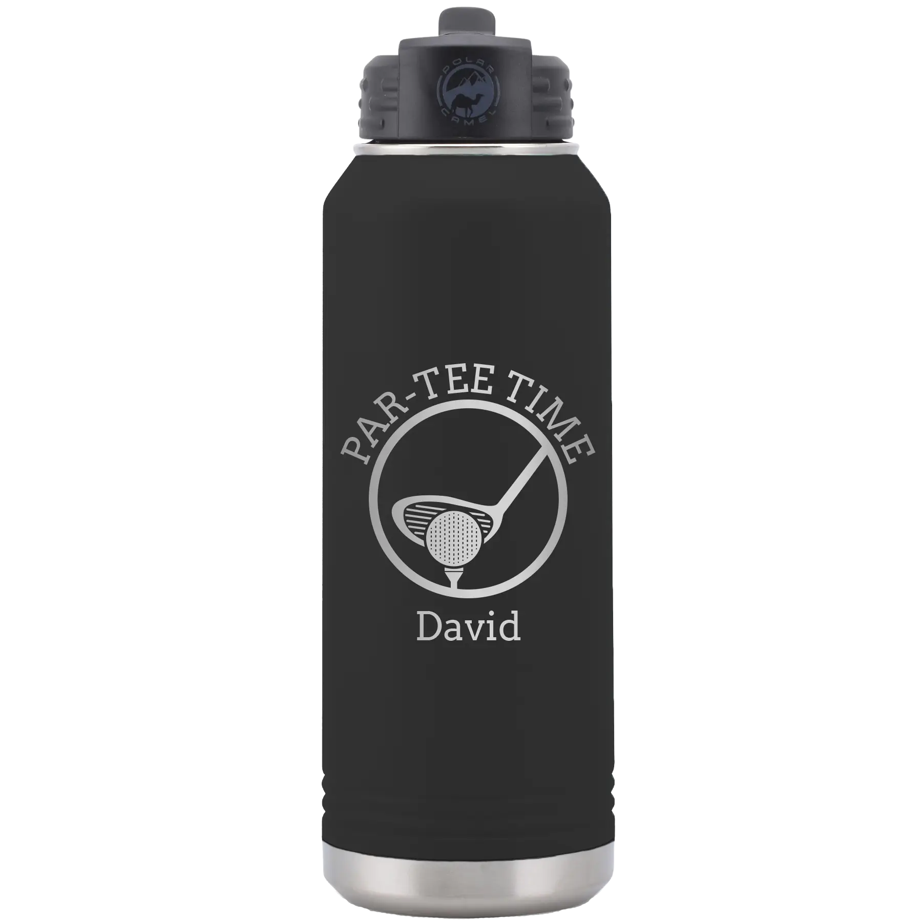 Laser etched black 32 oz vacuum insulated water bottle with 'Partee Time' design