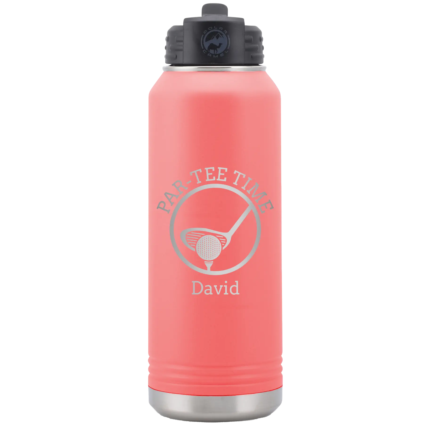 Laser etched coral 32 oz vacuum insulated water bottle with 'Partee Time' design