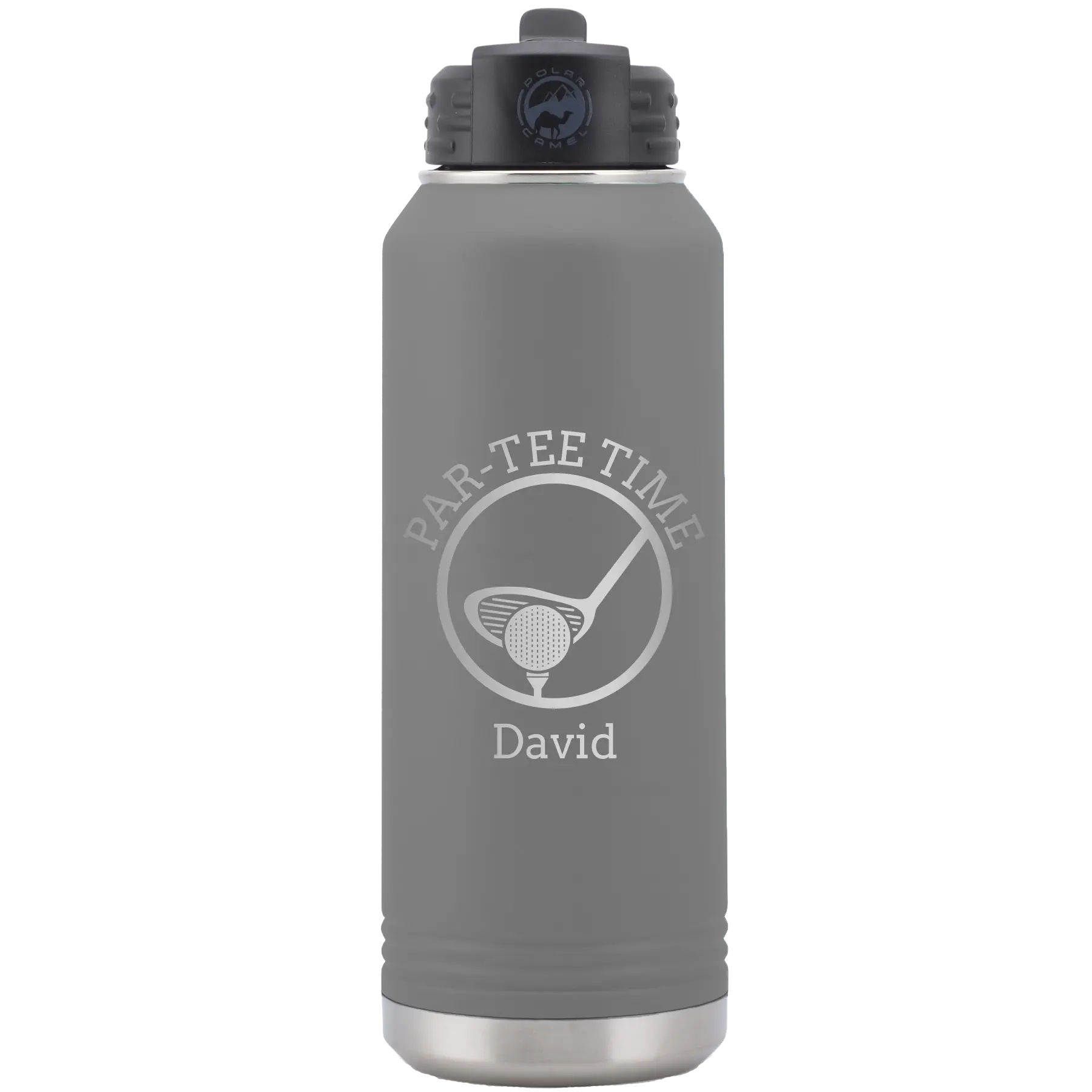 Laser etched dark gray 32 oz vacuum insulated water bottle with 'Partee Time' design