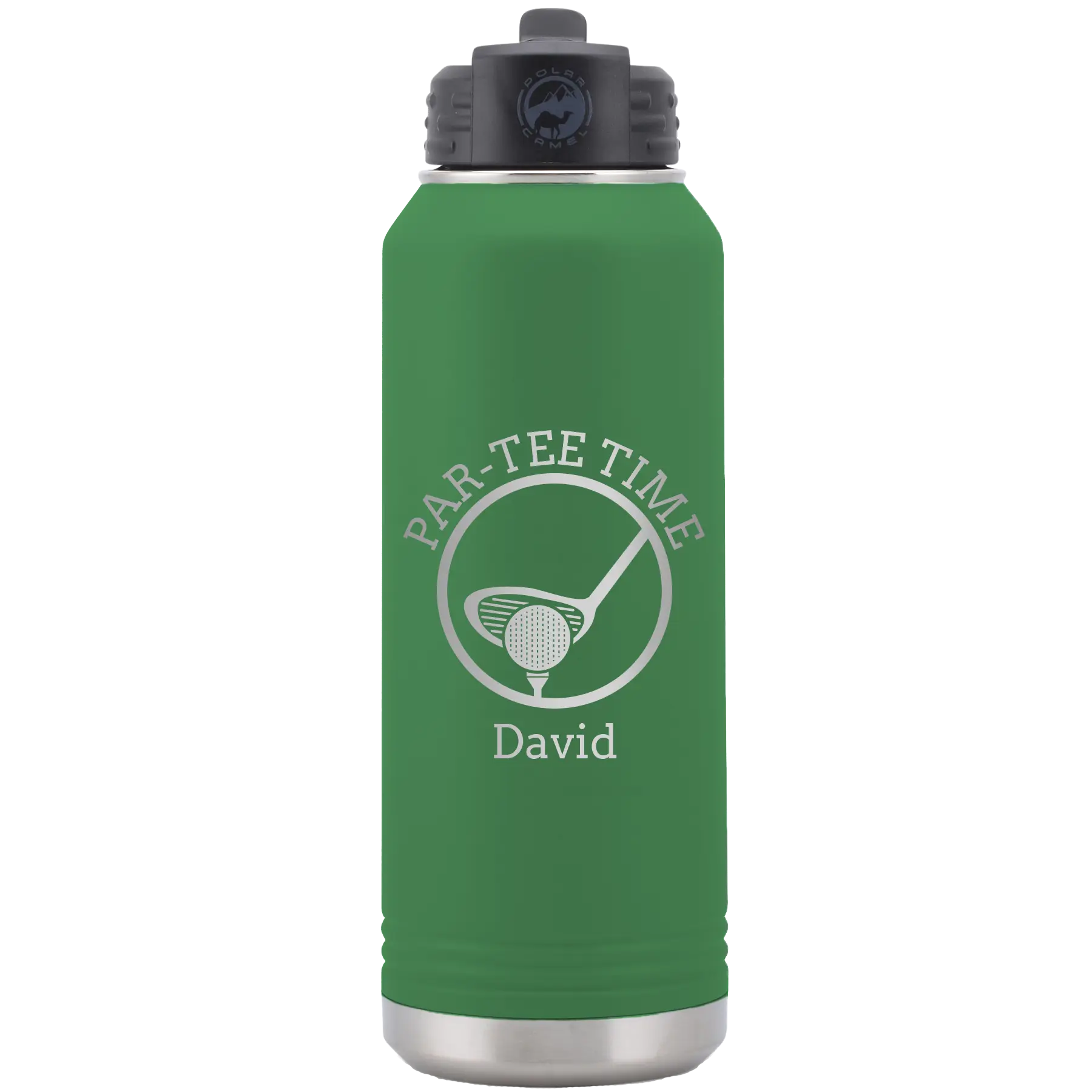 Laser etched green 32 oz vacuum insulated water bottle with 'Partee Time' design