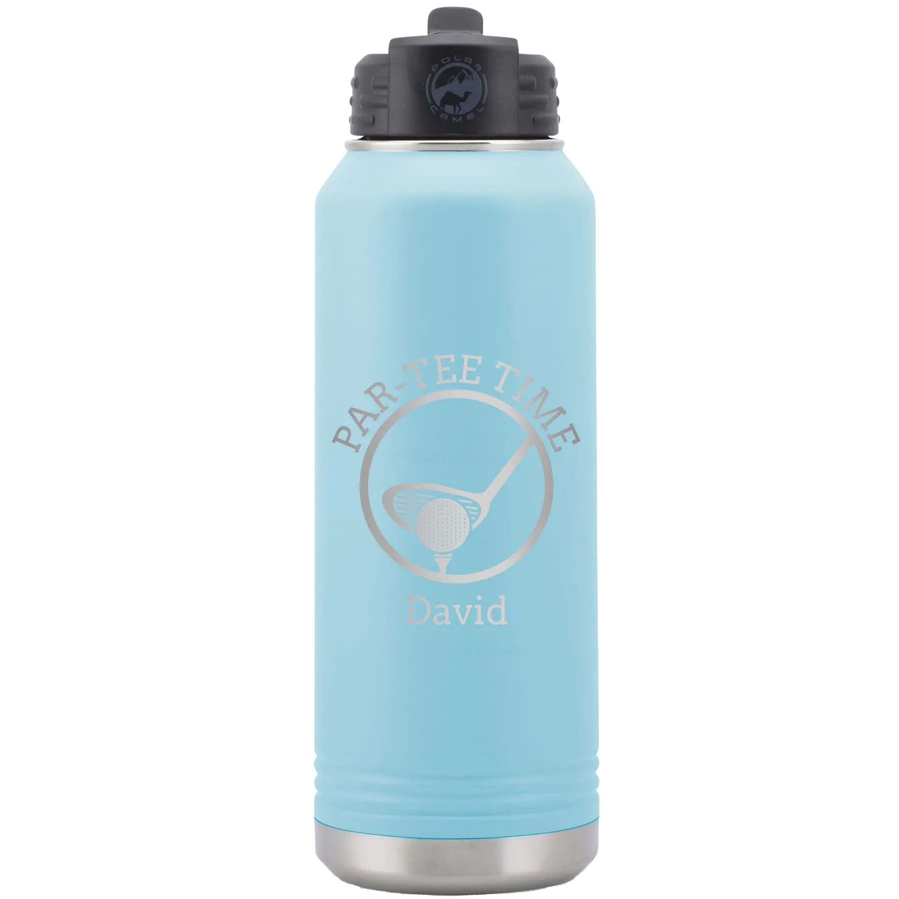 Laser etched light blue 32 oz vacuum insulated water bottle with 'Partee Time' design