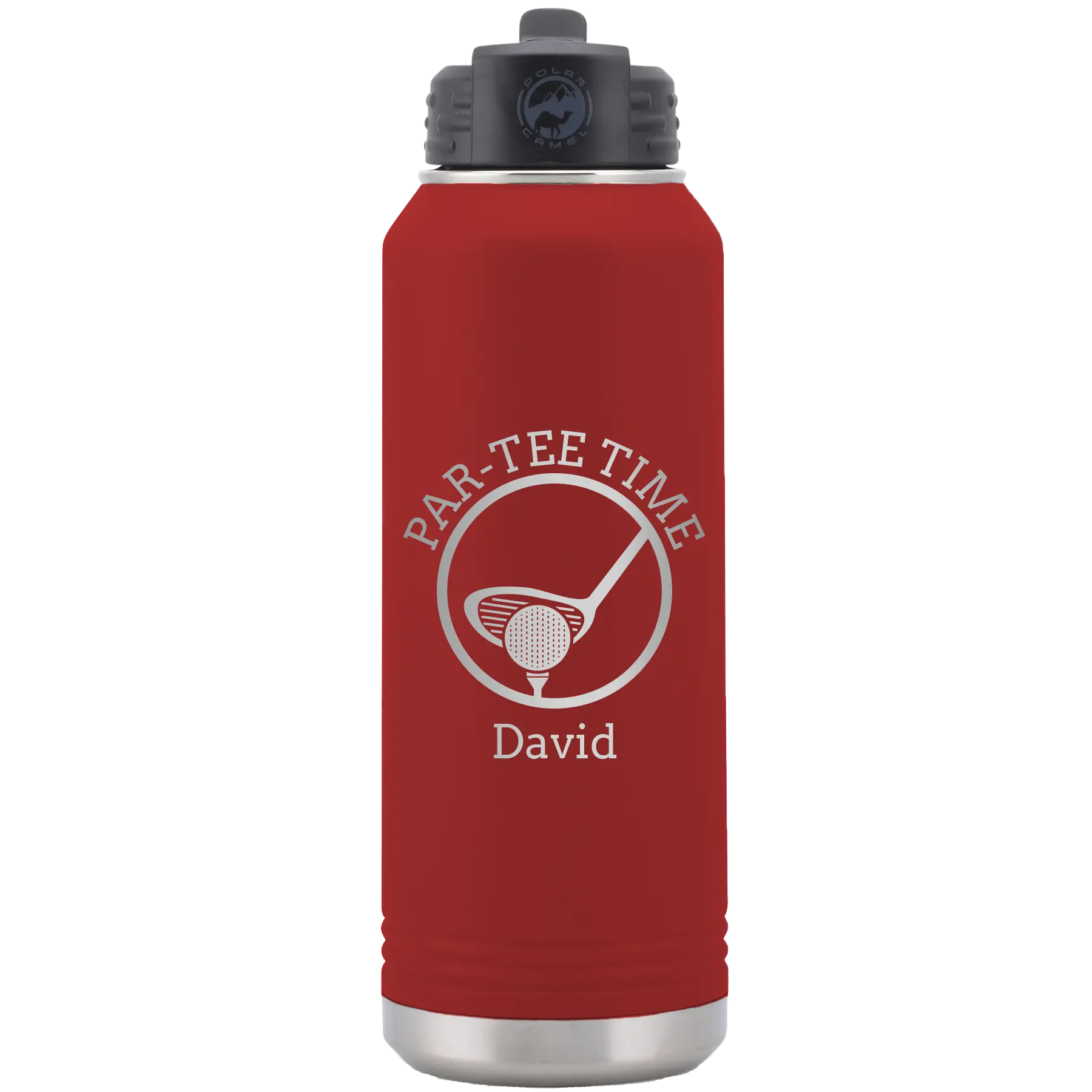 Laser etched maroon 32 oz vacuum insulated water bottle with 'Partee Time' design