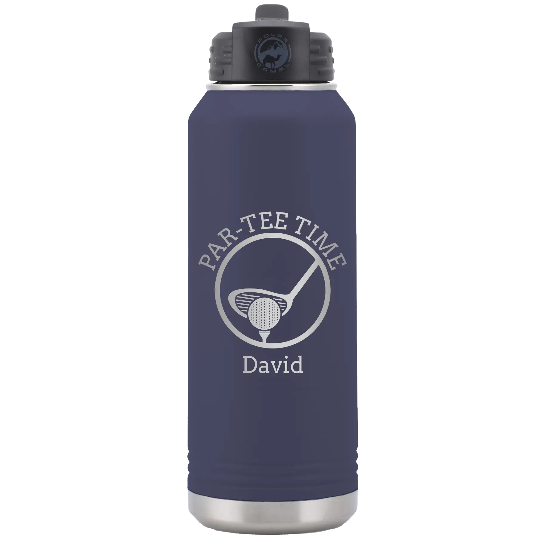 Laser etched navy 32 oz vacuum insulated water bottle with 'Partee Time' design