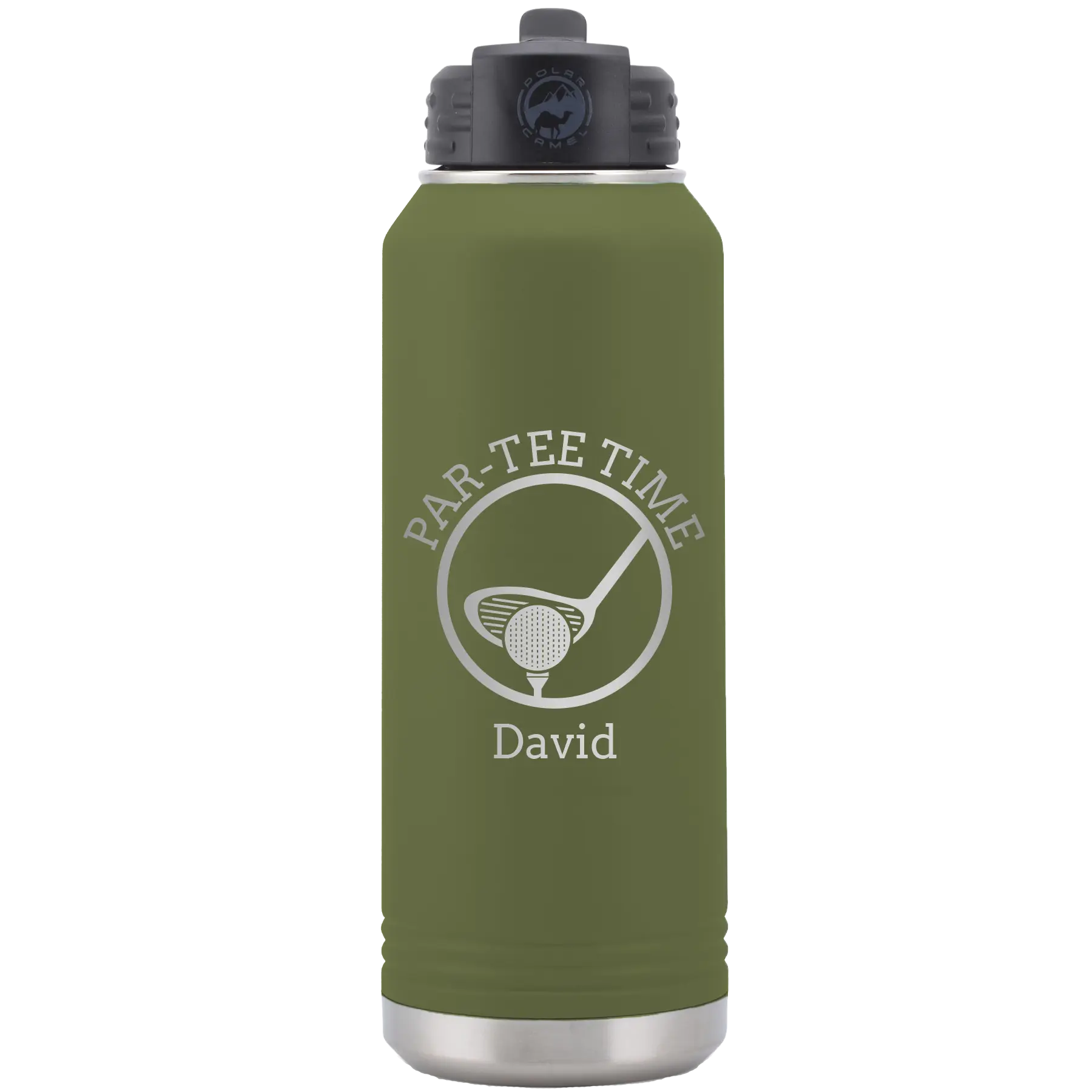 Laser etched olive green 32 oz vacuum insulated water bottle with 'Partee Time' design