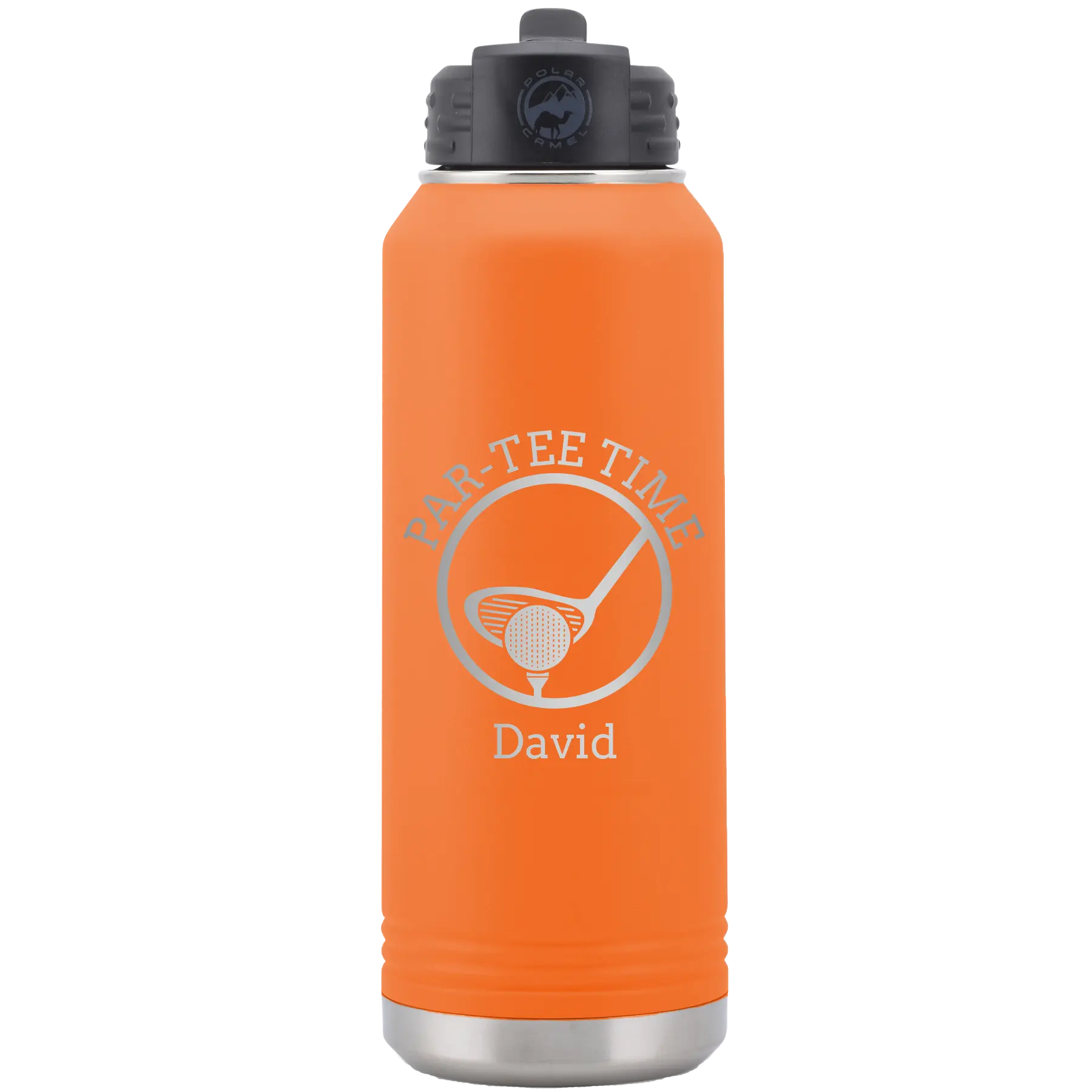 Laser etched orange 32 oz vacuum insulated water bottle with 'Partee Time' design