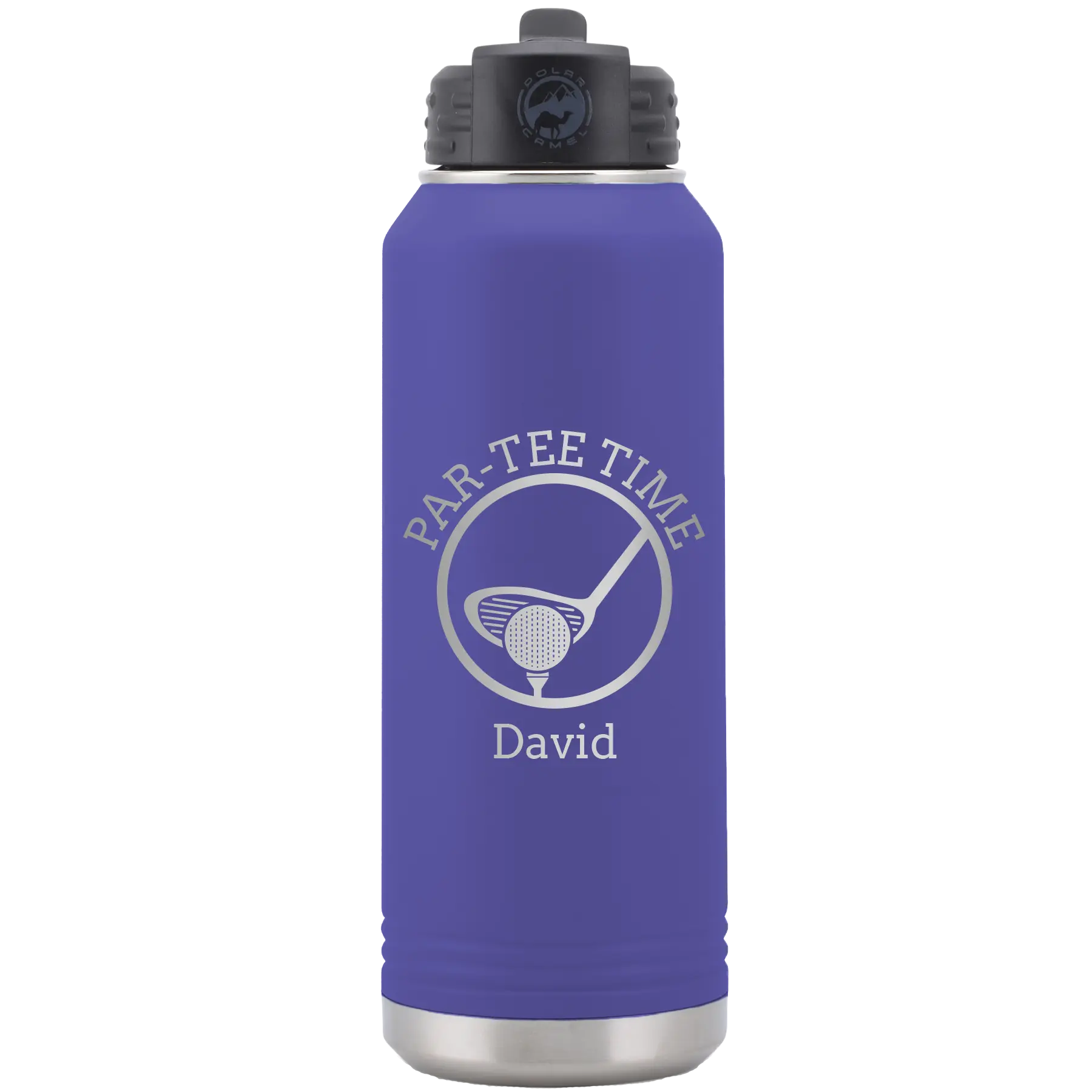 Laser etched purple 32 oz vacuum insulated water bottle with 'Partee Time' design