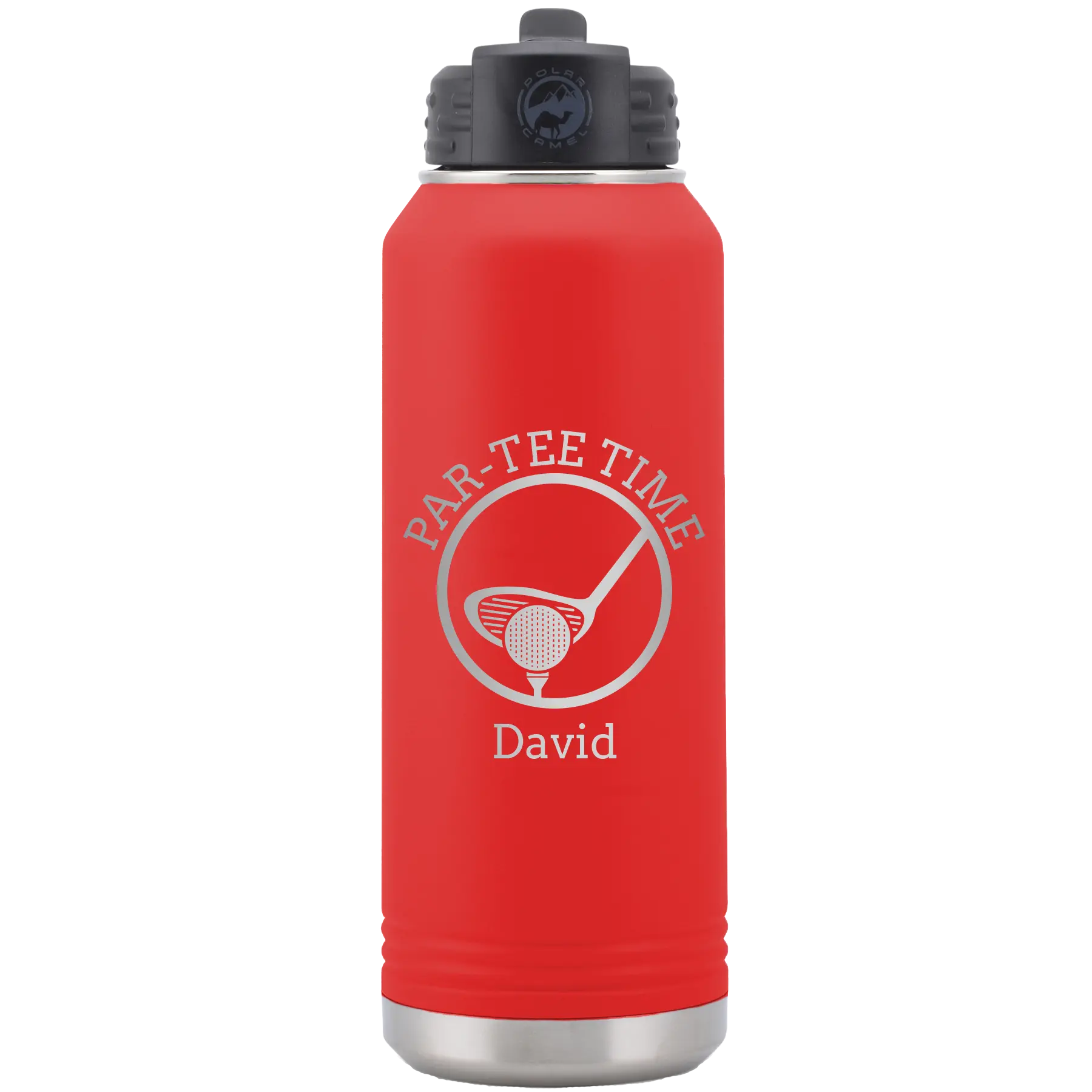 Laser etched red 32 oz vacuum insulated water bottle with 'Partee Time' design