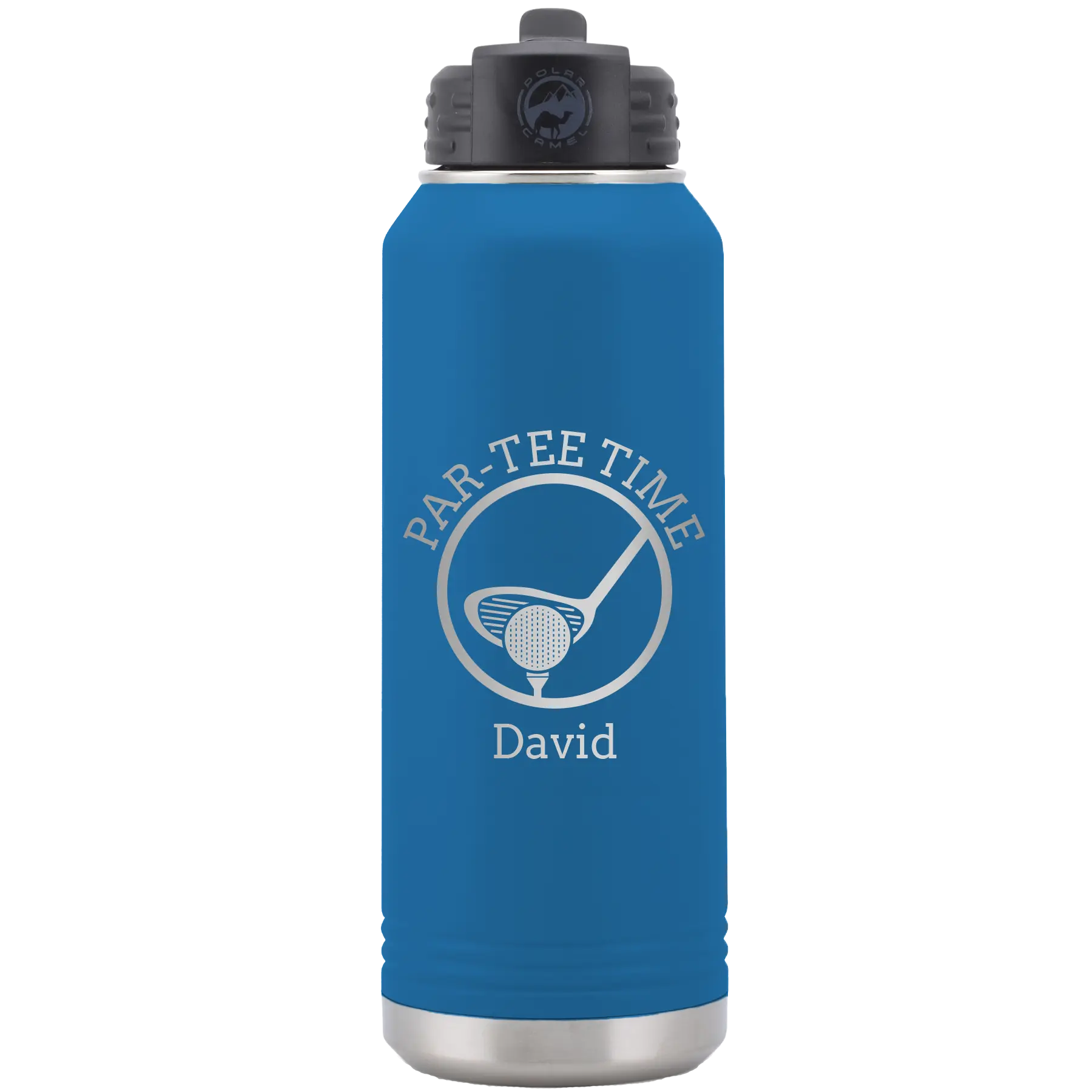 Laser etched royal blue 32 oz vacuum insulated water bottle with 'Partee Time' design
