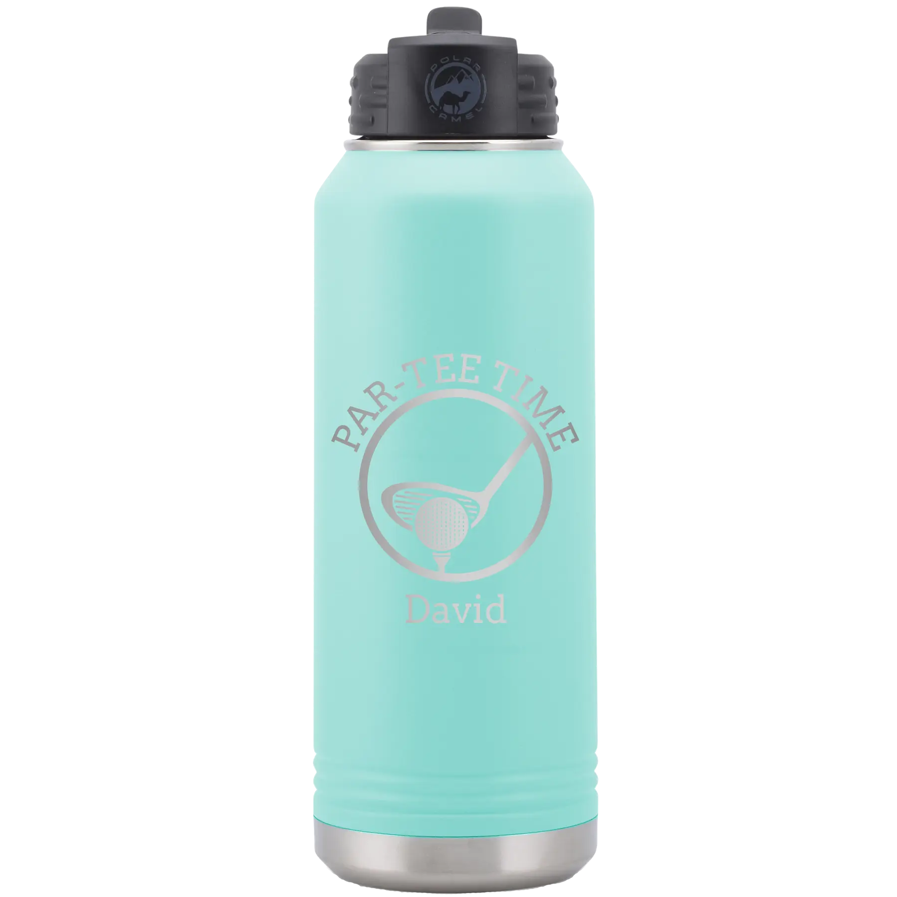 Laser etched teal 32 oz vacuum insulated water bottle with 'Partee Time' design