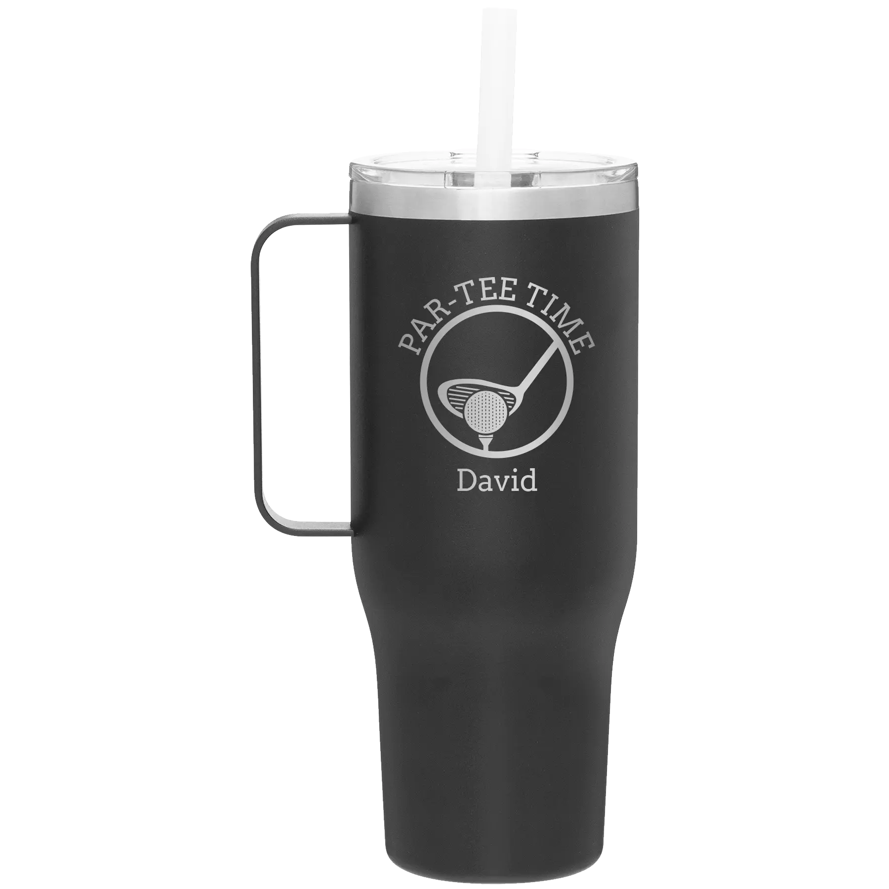 Personalized black 40 oz vacuum insulated tumbler mug with 'Partee Time' design