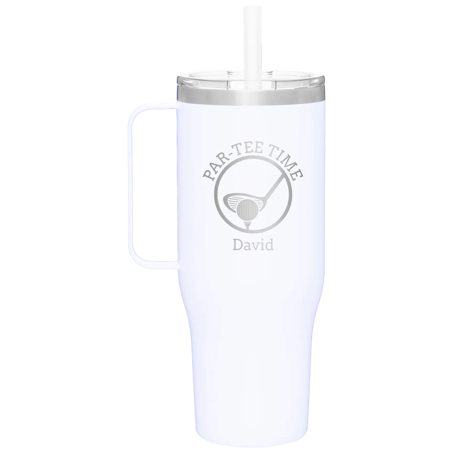 Personalized white 40 oz vacuum insulated tumbler mug with 'Partee Time' design