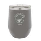 Personalized dark gray 12 oz vacuum insulated wine cup with etched 'Partee Time' design