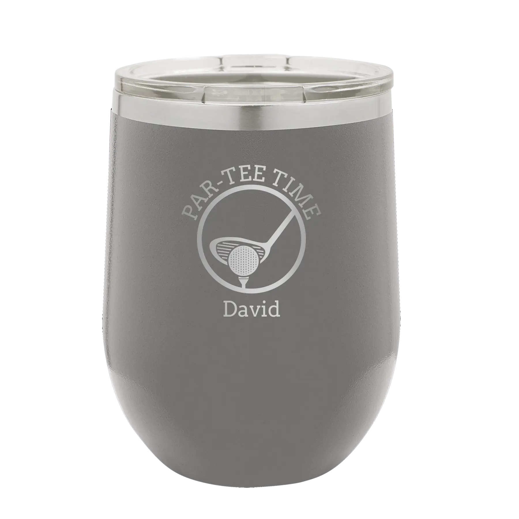 Personalized dark gray 12 oz vacuum insulated wine cup with etched 'Partee Time' design