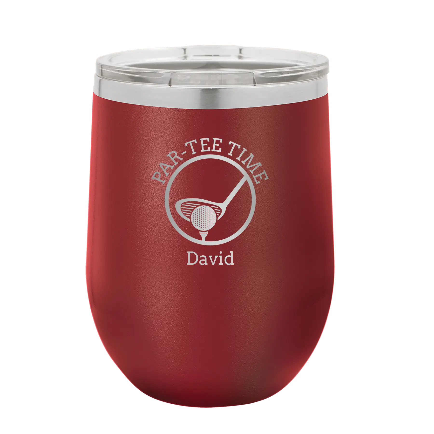 Personalized maroon 12 oz vacuum insulated wine cup with etched 'Partee Time' design