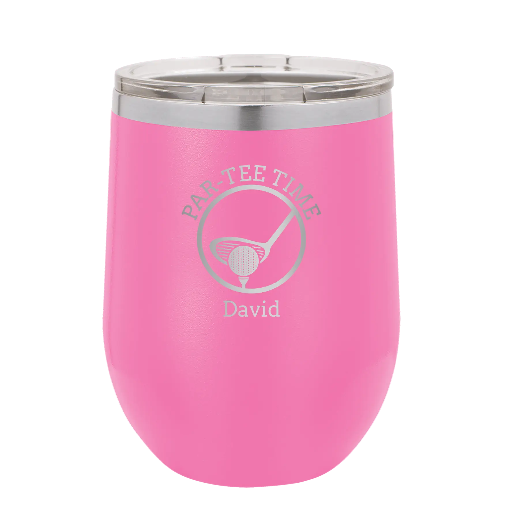 Personalized pink 12 oz vacuum insulated wine cup with etched 'Partee Time' design