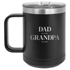 Personalized black 15 oz vacuum insulated coffee mug with etched 'Parent to Grandparent' design
