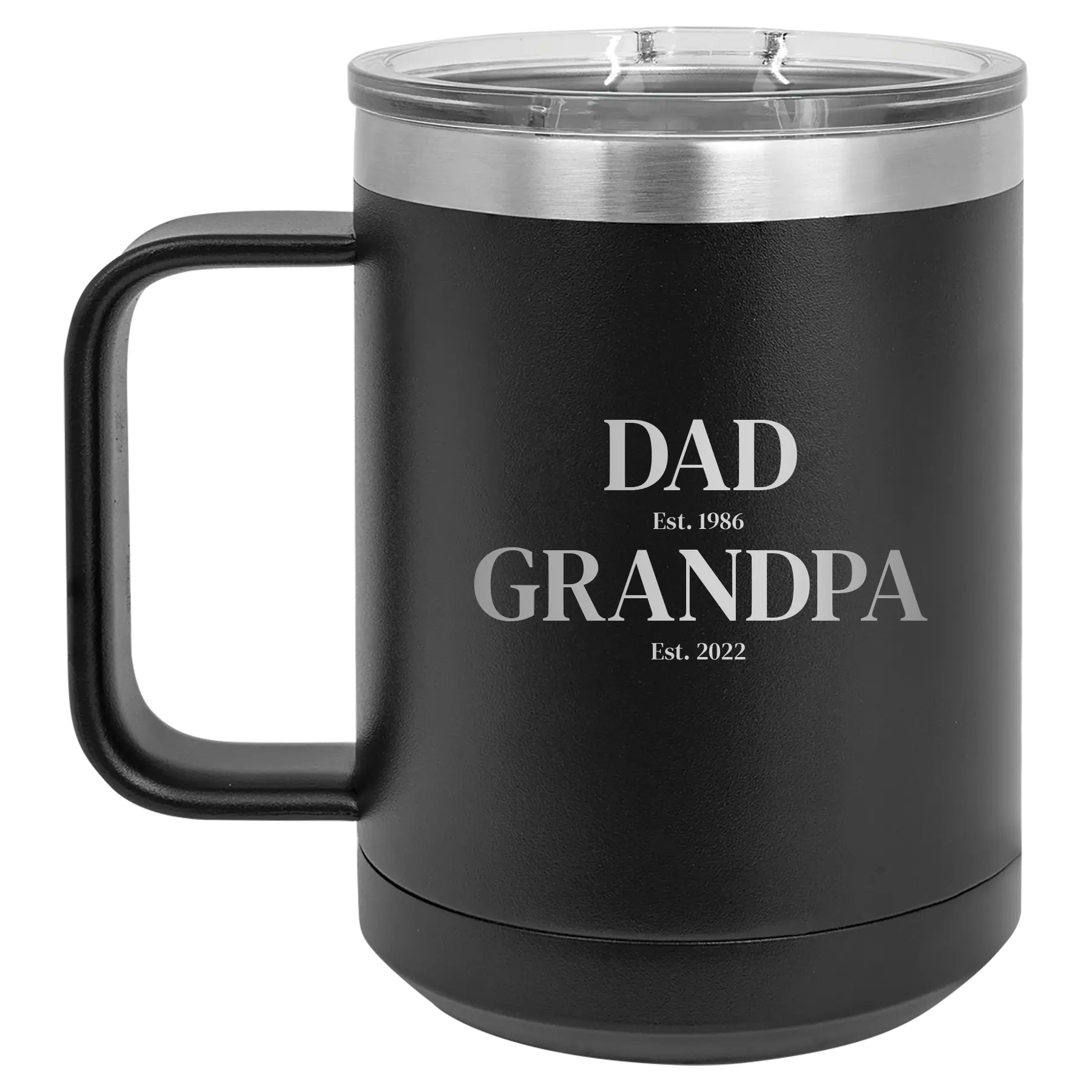Personalized black 15 oz vacuum insulated coffee mug with etched 'Parent to Grandparent' design