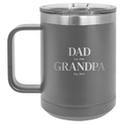 Personalized dark gray 15 oz vacuum insulated coffee mug with etched 'Parent to Grandparent' design