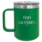 Personalized green 15 oz vacuum insulated coffee mug with etched 'Parent to Grandparent' design