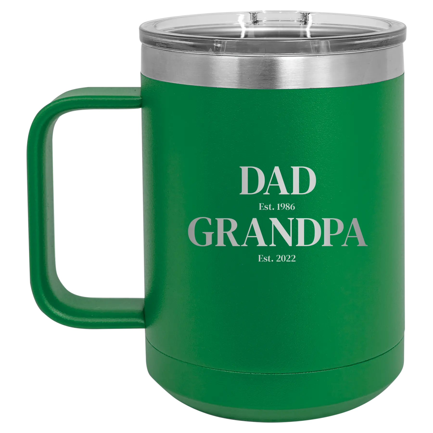 Personalized green 15 oz vacuum insulated coffee mug with etched 'Parent to Grandparent' design