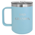Personalized light blue 15 oz vacuum insulated coffee mug with etched 'Parent to Grandparent' design