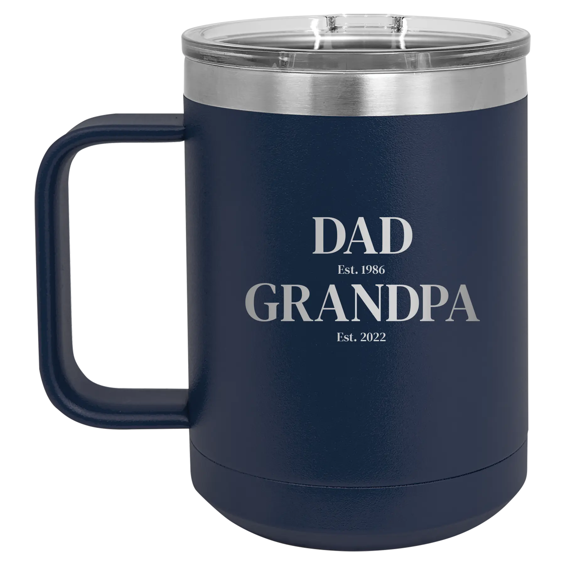 Personalized navy 15 oz vacuum insulated coffee mug with etched 'Parent to Grandparent' design