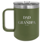 Personalized olive green 15 oz vacuum insulated coffee mug with etched 'Parent to Grandparent' design