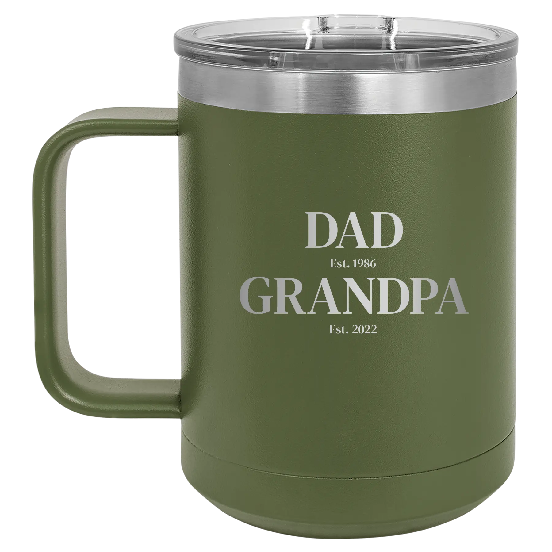 Personalized olive green 15 oz vacuum insulated coffee mug with etched 'Parent to Grandparent' design