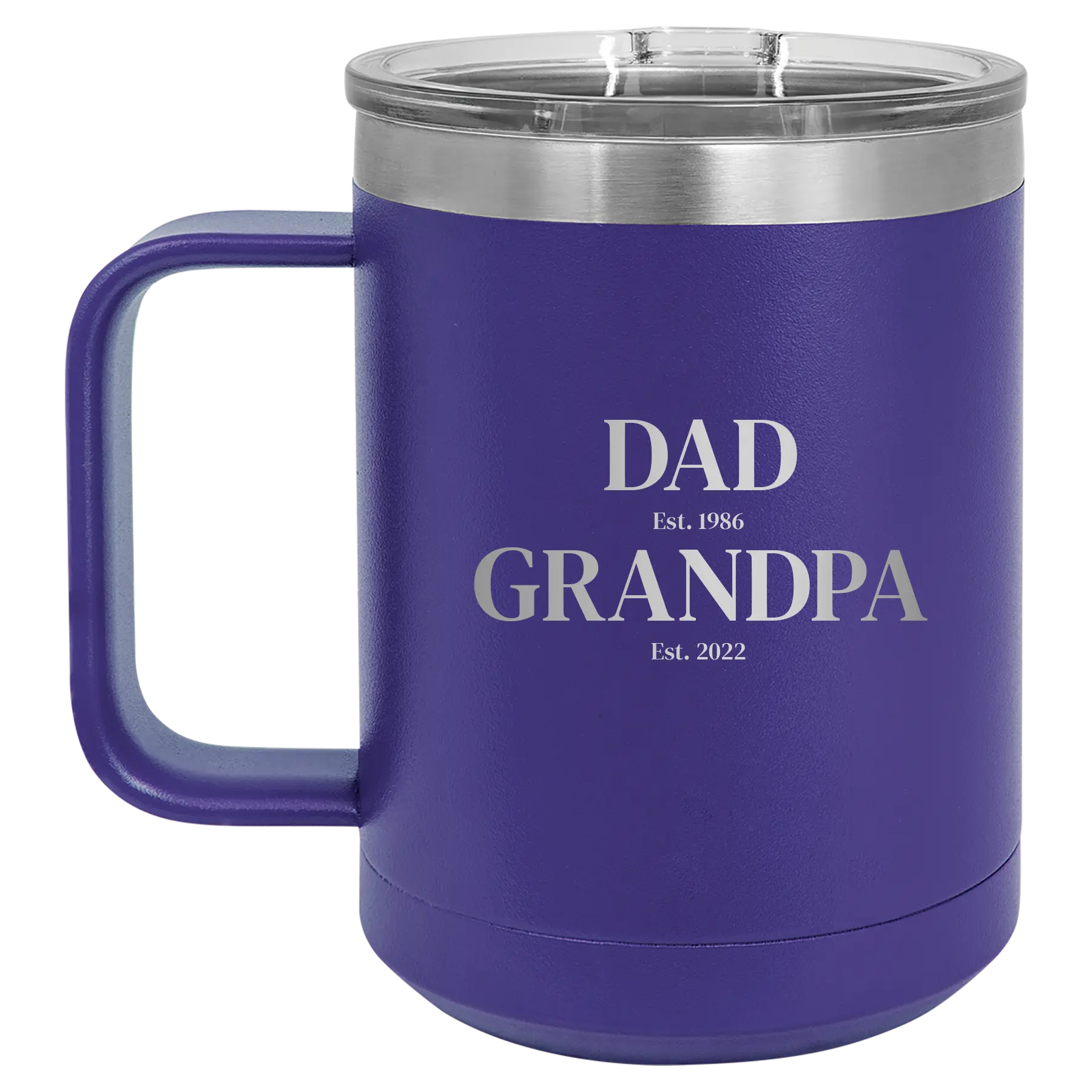 Personalized purple 15 oz vacuum insulated coffee mug with etched 'Parent to Grandparent' design