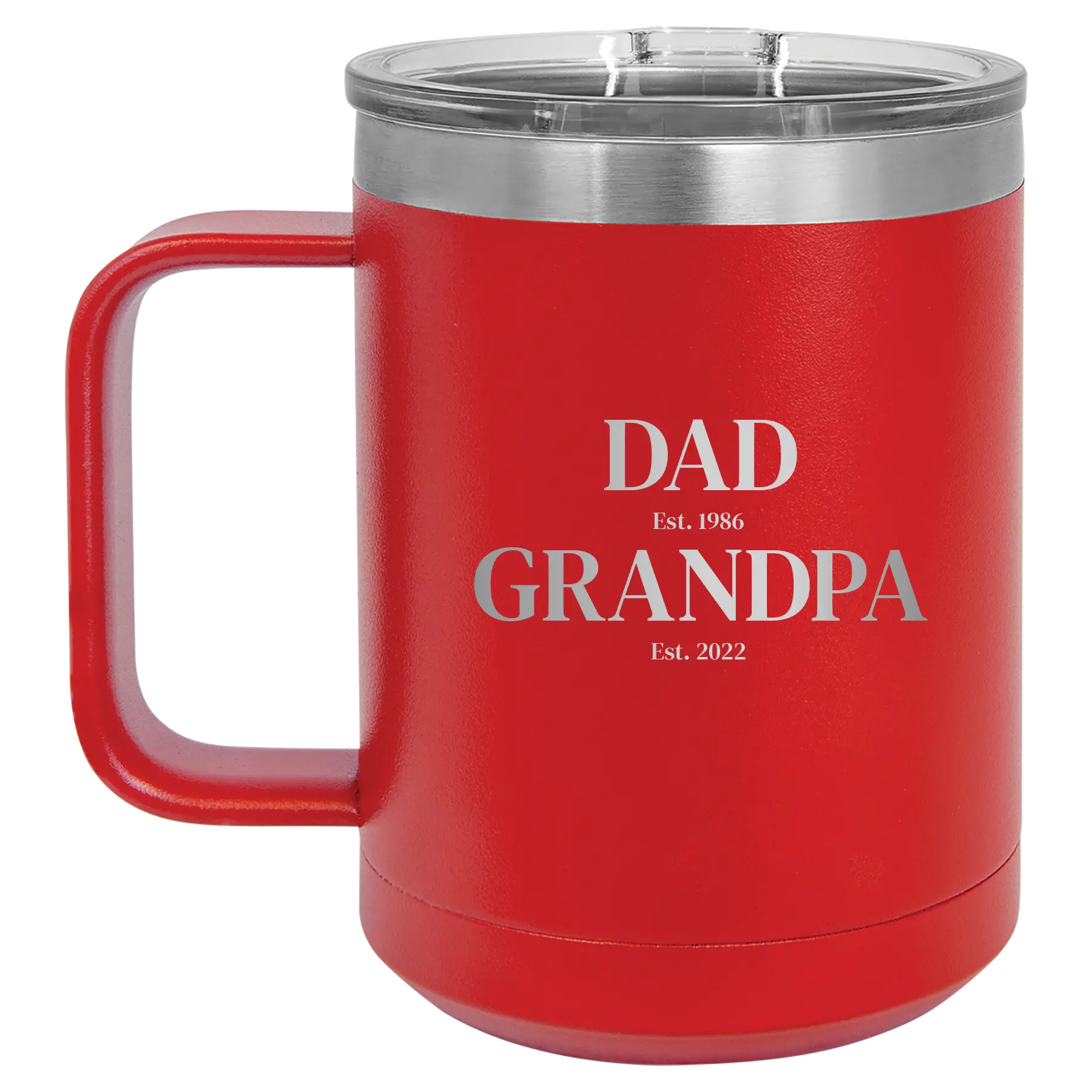 Personalized red 15 oz vacuum insulated coffee mug with etched 'Parent to Grandparent' design