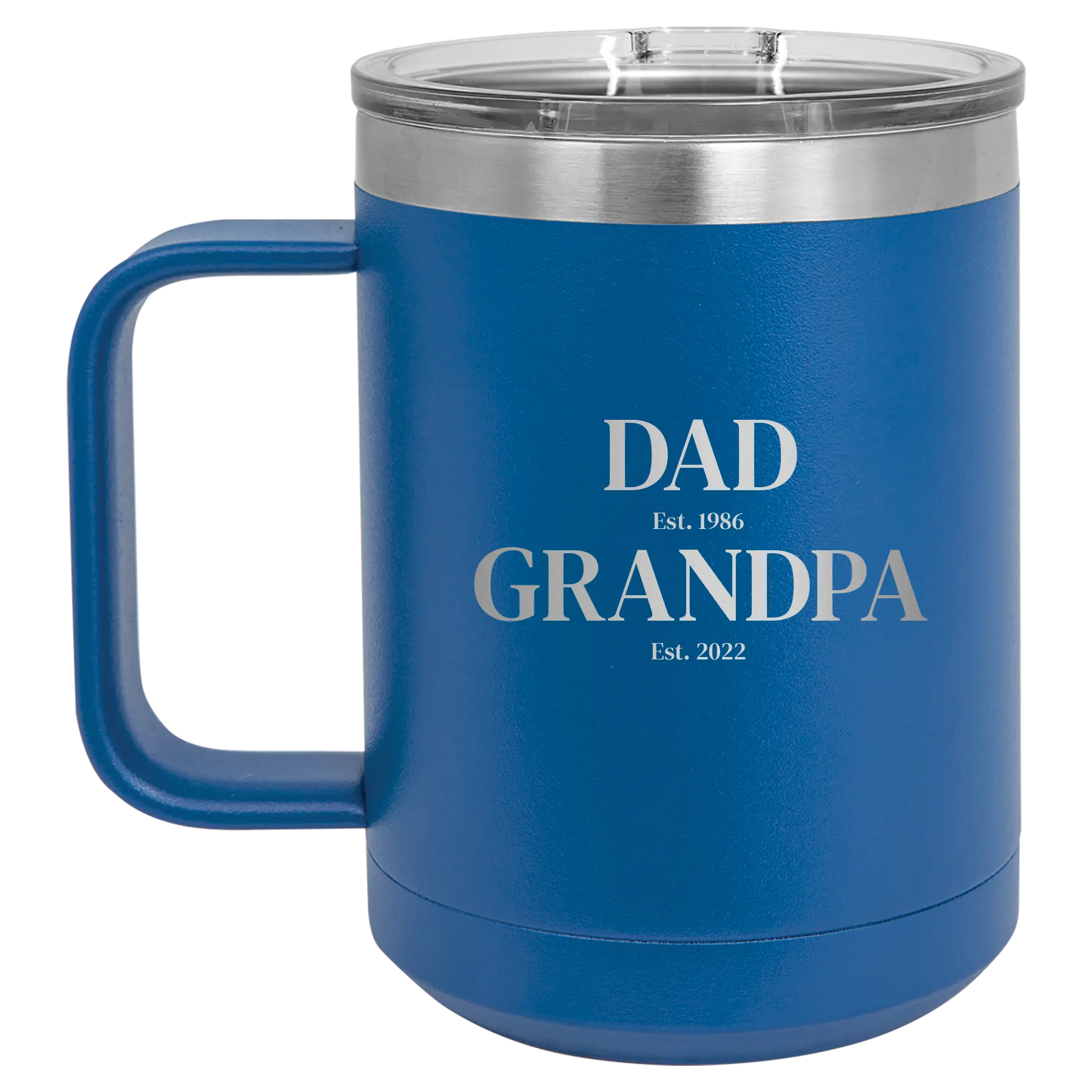 Personalized royal blue 15 oz vacuum insulated coffee mug with etched 'Parent to Grandparent' design