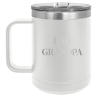 Personalized white 15 oz vacuum insulated coffee mug with etched 'Parent to Grandparent' design
