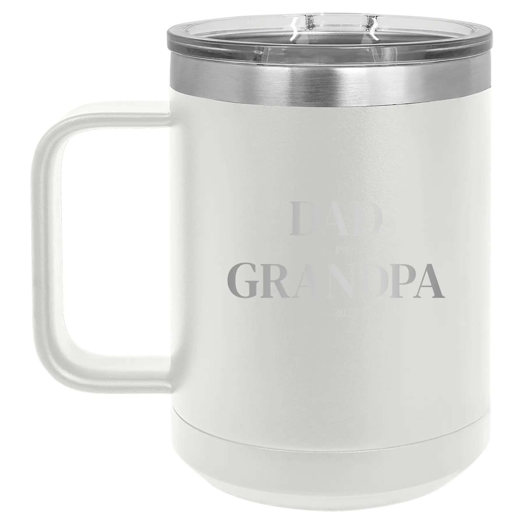 Personalized white 15 oz vacuum insulated coffee mug with etched 'Parent to Grandparent' design