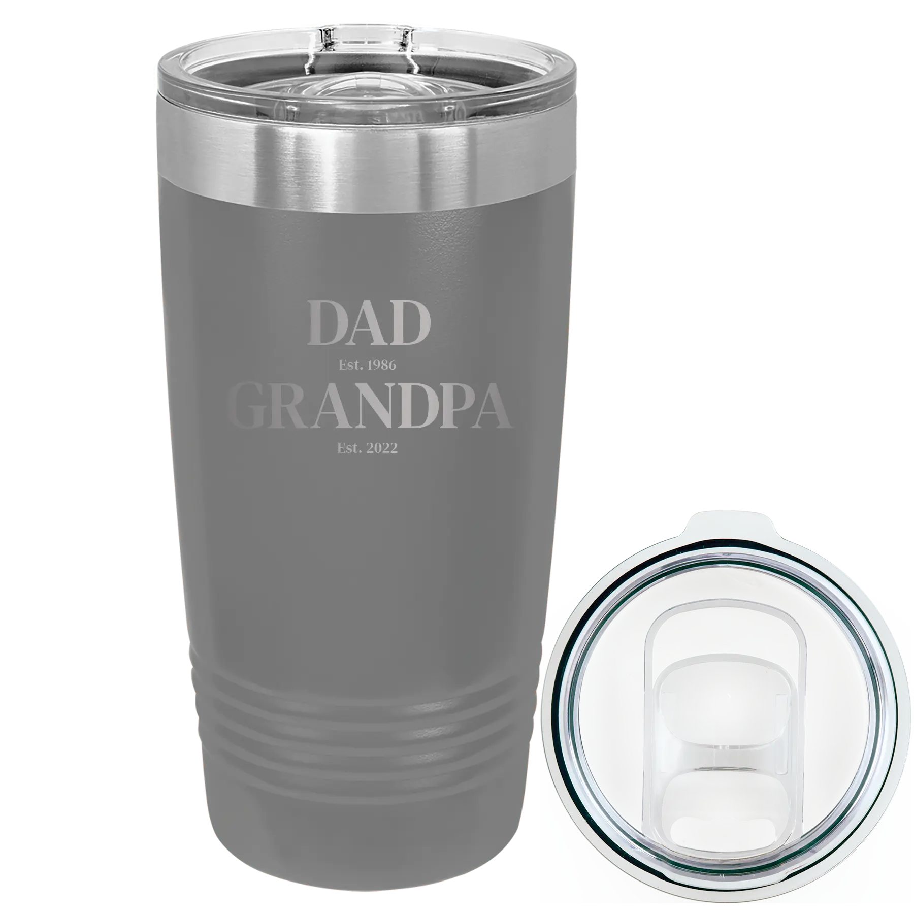 Laser etched dark gray 20 oz vacuum insulated tumbler with 'Parent to Grandparent' design